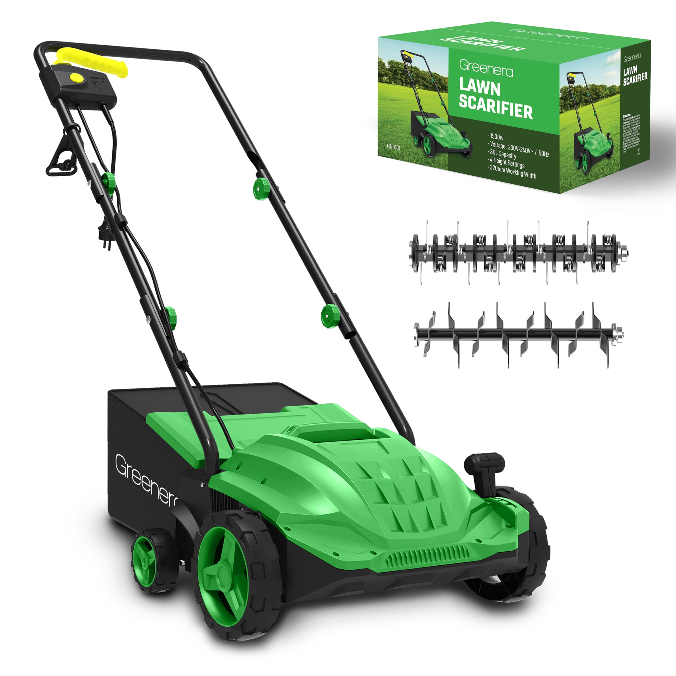 Aireador eléctrico de 1500 W, 1500 W, 1500 W, rastrillo de césped, caja de recogida de 32 cm, ancho de trabajo, 4 alturas de escarificación ajustables, 2 rodillos intercambiables, asas plegables, 10 m