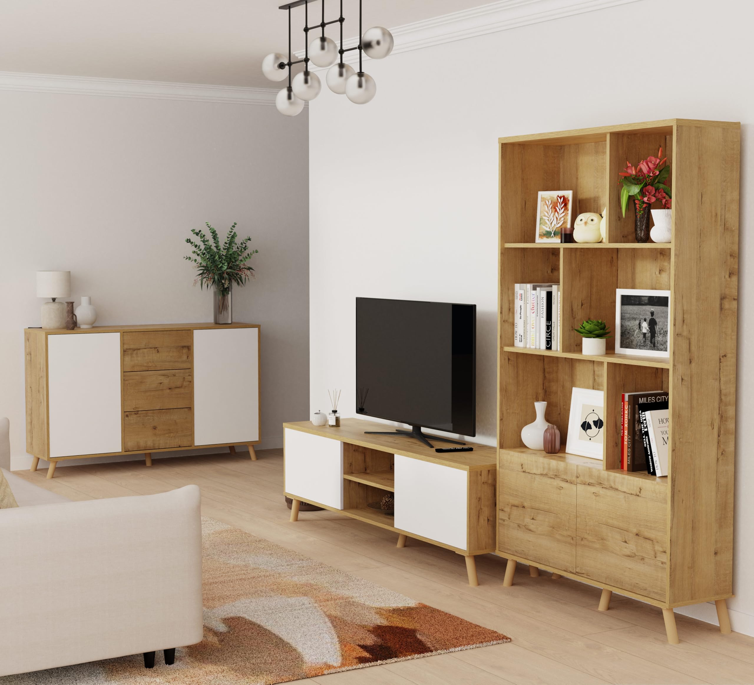 Aparador Salón Comedor, Buffet, Mueble Auxiliar, 2 puertas y 3 Cajones, Roble Gold con puertas blancas, 89x140x40cm, Despensa, Cocina, Despacho, Tirador Push o Pulsador, Moderno, Nórdico, modelo Oslo