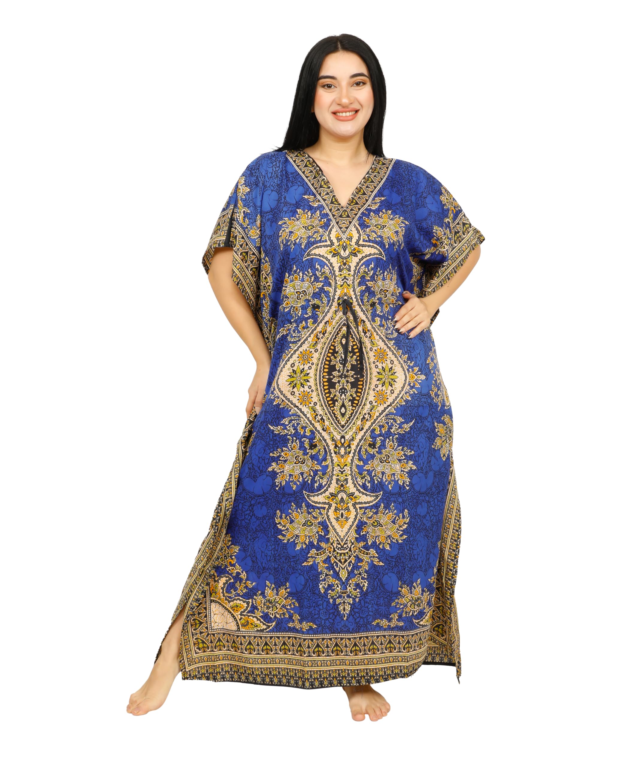 SHYAMVUN Women's Blue Full Length Kaftan Maxi Dress Free Size Kimono Style Caftan Tunic Lightweight Relaxed Fit Beach Cover Up Holiday Resort Wear Lounge Wear Nightwear Party Wear Comfortable Dress