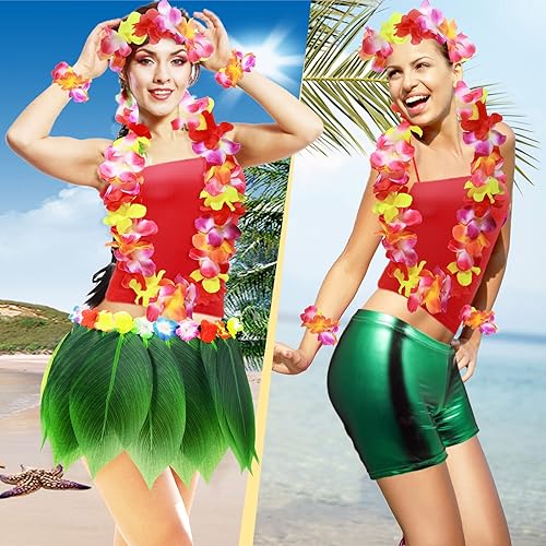 Miniatura 5 de Shihanee Juego de 7 piezas de falda hula de hoja y leis hawaiano con flores de hibisco, collar, pulsera, diadema, chaleco, pantalones cortos,