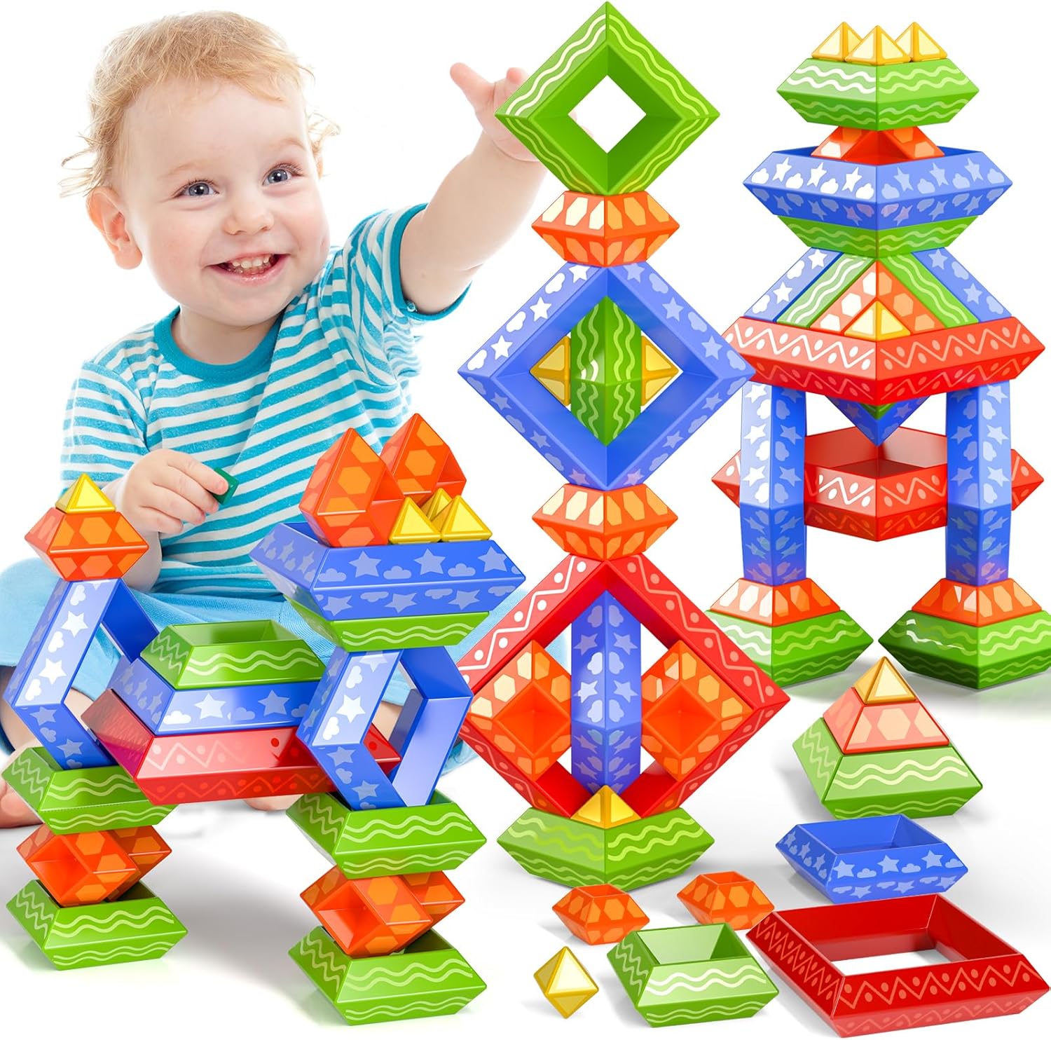 Doloowee Stacking Toys Building Blocks for Toddler,60 PCS Montessori Toys Blocks Preschool Learning Activities Stem for Boys Girls Gifts Christmas Stocking Stuffers