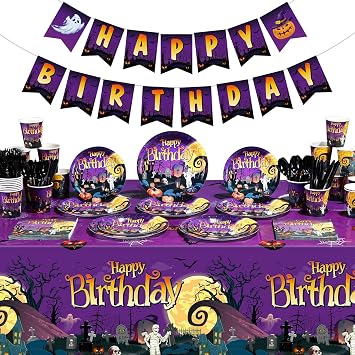 Happy Birthday Halloween Party Supplies Tableware Set Includes Halloween Birthday Disposable Paper Plates Napkins Cups Banner Tablecloth for Kids Boy Girl Party Decorations Serve 25