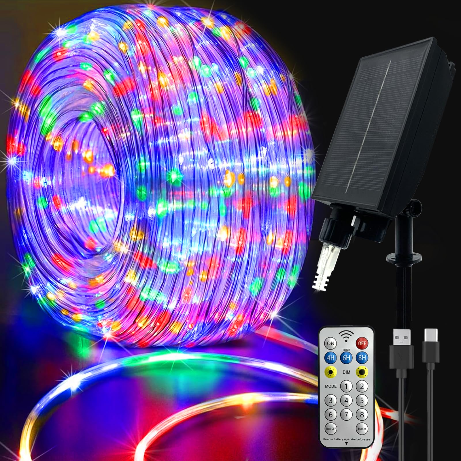 Outdoor Solar Hose Light, 20M 200 LED Weatherproof 8 Lighting Modes RGB Outdoor String Lights with Remote Control, Pool, Trampoline (Multicolor)