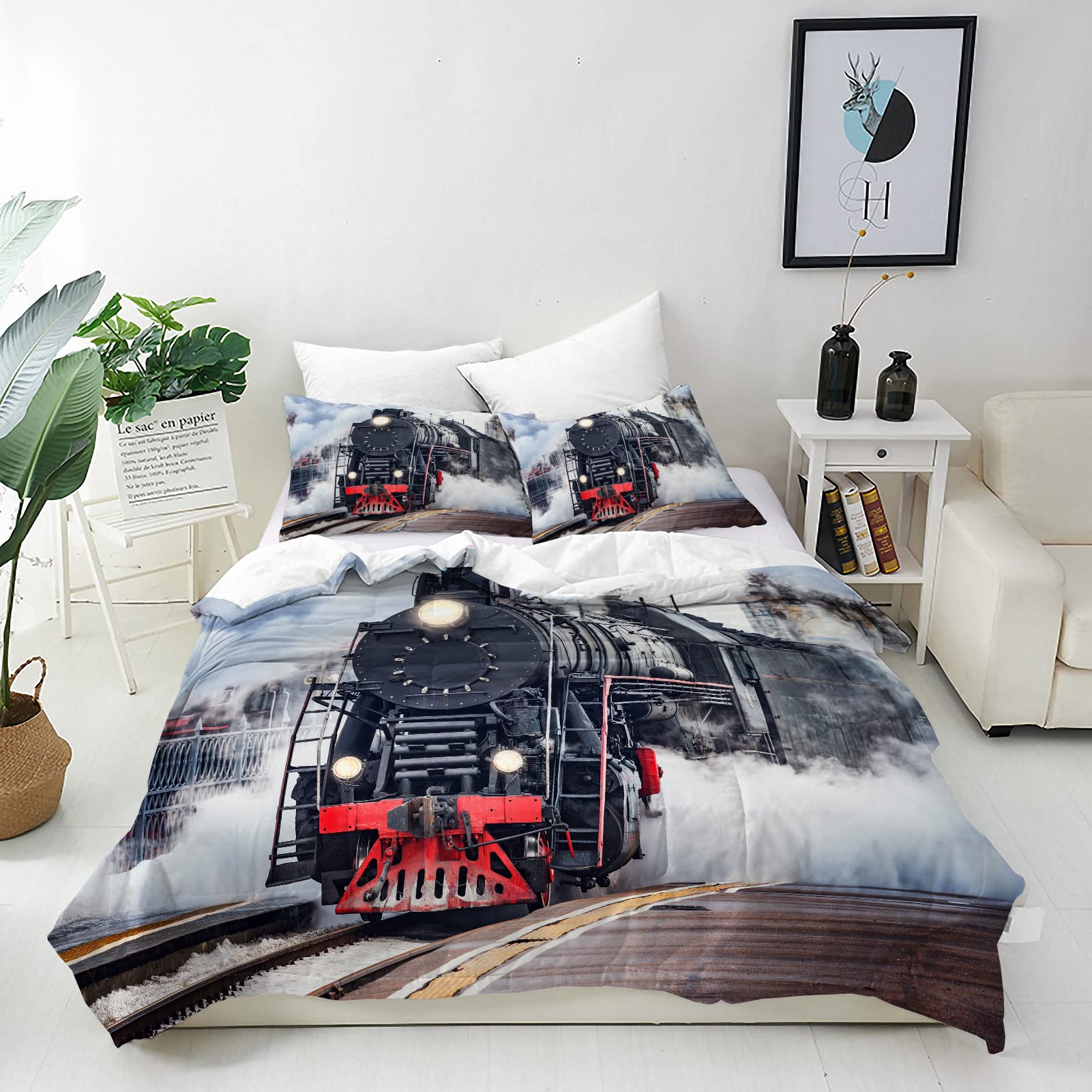 ANHOPE Steam Train Duvet Cover Set Soft Breathable Lightweight 3Pcs Bedding Set with 2 Pillowcase Retro Steam Engine Locomotive Print Pattern Kids Teens Quilt Cover with Zipper Closure Super King — image 1
