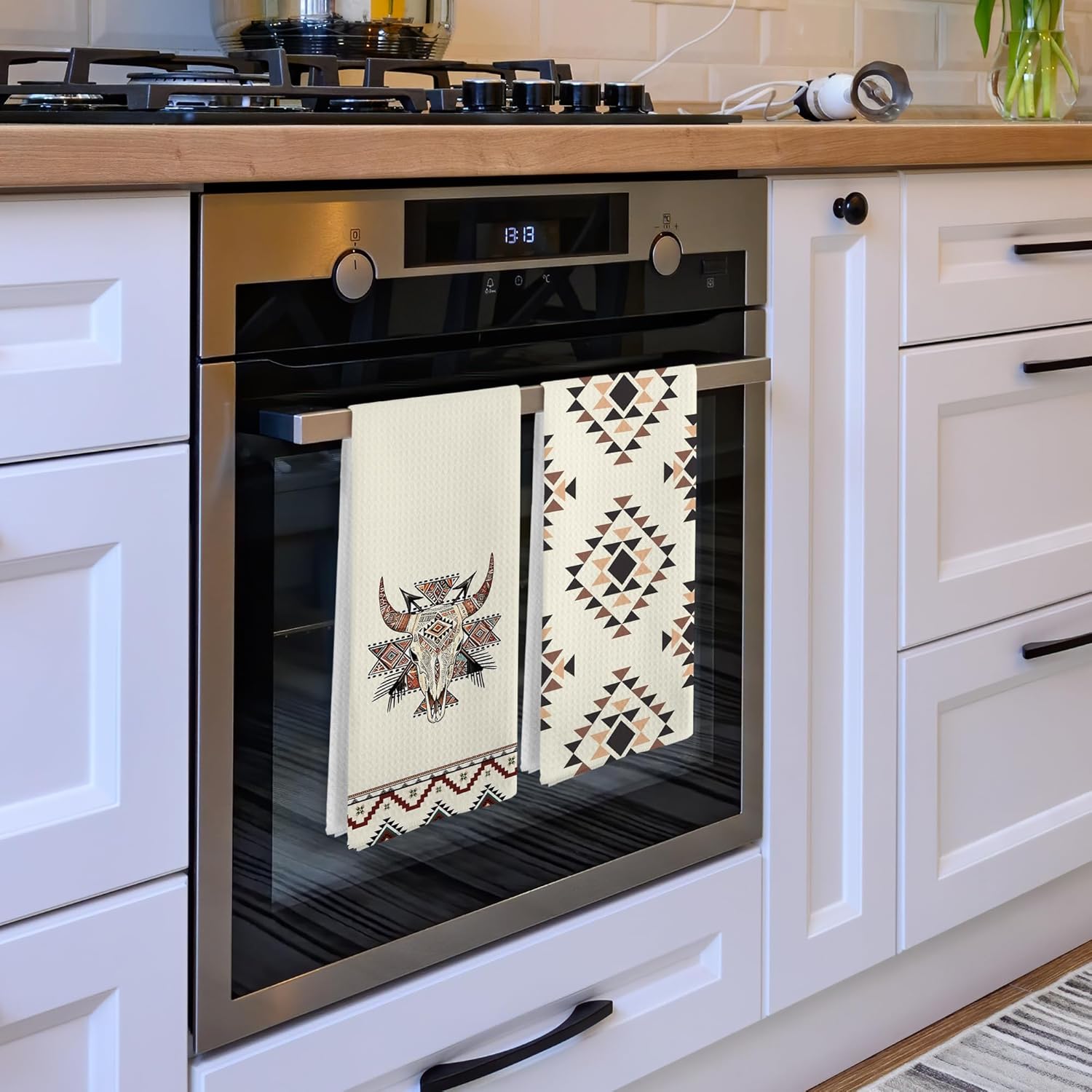 Boho Western Aztec Kitchen Towels, Western Dish Tea Towels for Kitchen Decor, Neutral Aztec Bull Skull Decorative Hand Towels for Bathroom Decor, Boho Bathroom Decor, 16x24 Inch Set of 2 - Image 5