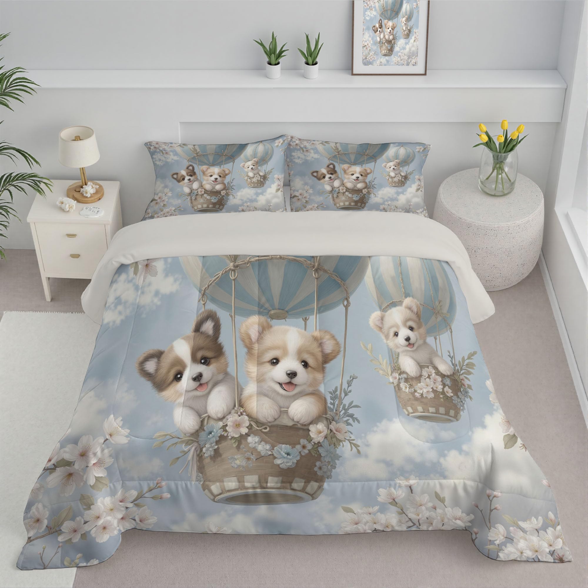 Trapunta Letto Singolo 4 Stagioni Piumone per Bambini, Mongolfiera Cane Leggero Fiori Carini Animali Set di Biancheria da Letto 140x200cm con 1 Federe,Piumino Lavabile In Lavatrice