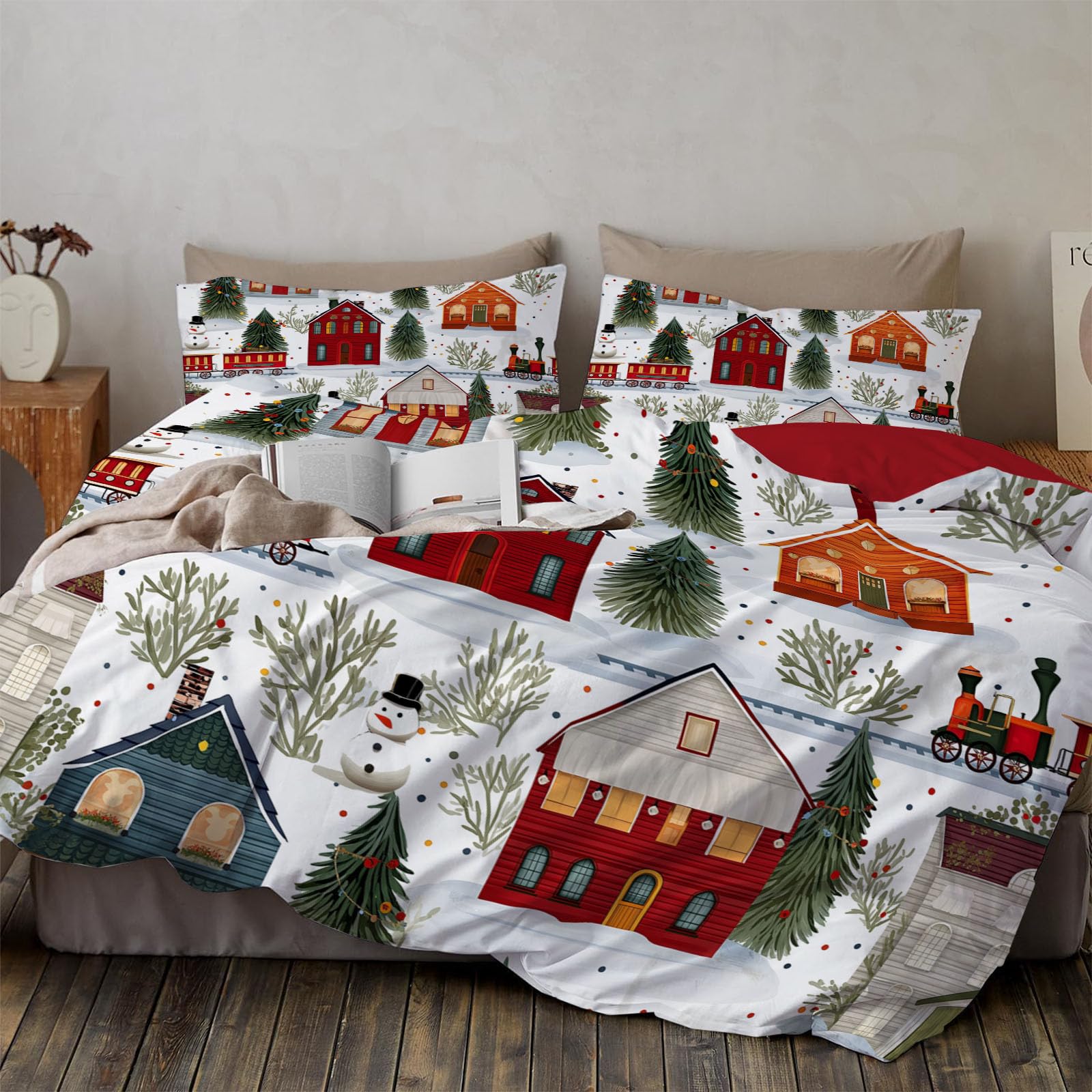Housse de couette 140x200 train de Noël pour lit simple avec 2 taies