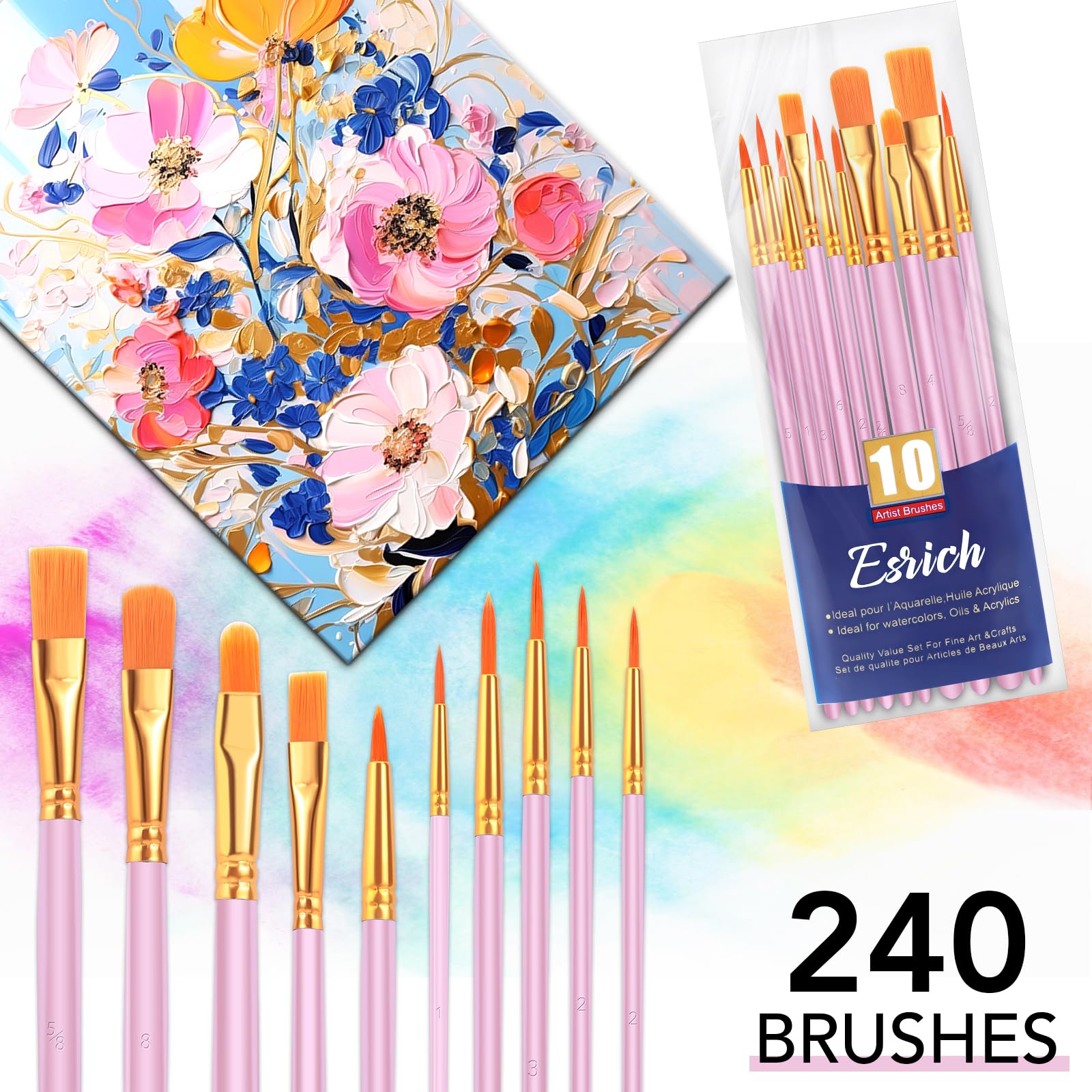 ESRICH Lot de 24 pinceaux de peinture acrylique, 240 pièces, tête de pinceau en nylon, pour peinture à l'huile, gouache, visage, céramique, etc., pour enfants et adultes (rose)