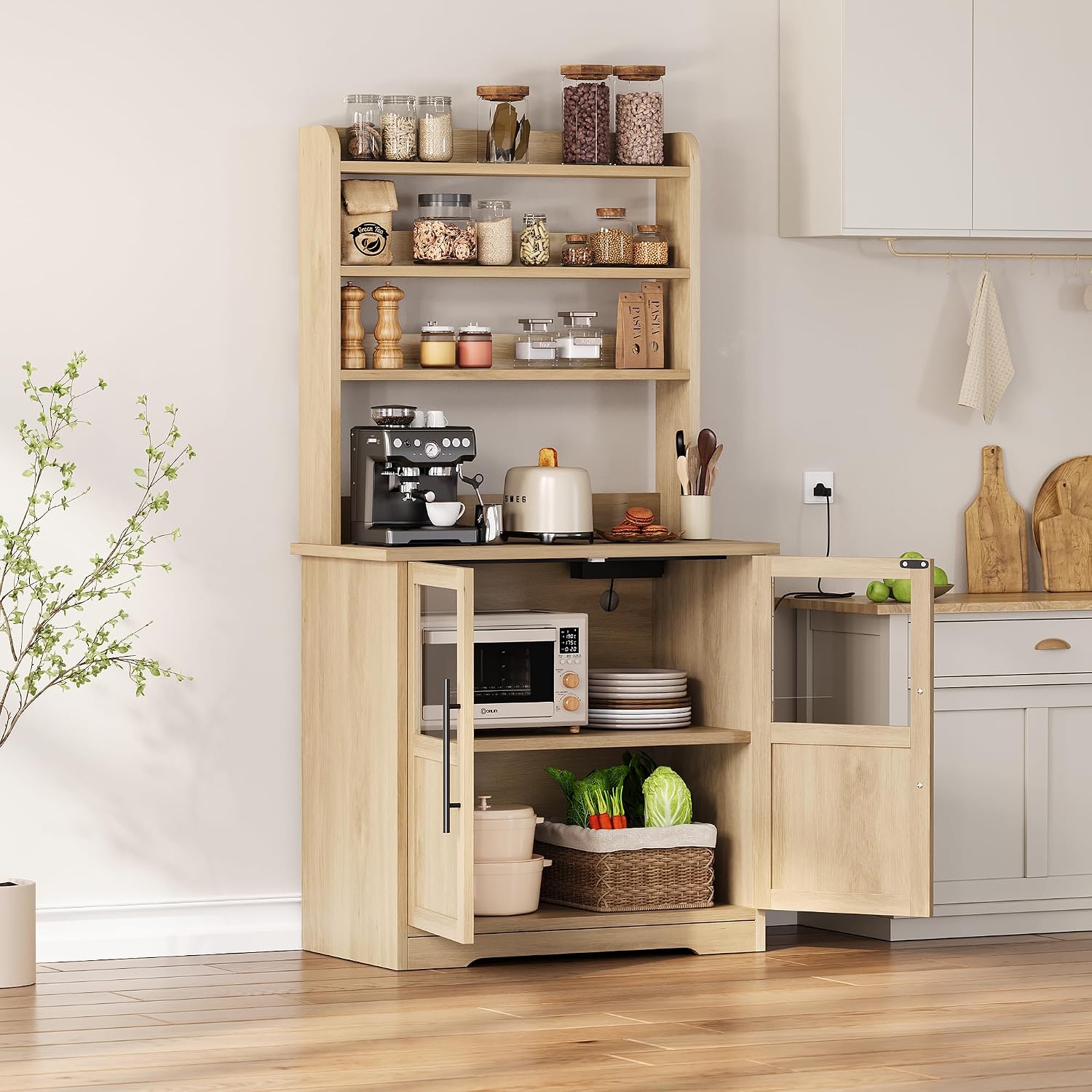 Farmhouse Bakers Rack with Charging Station, 63" Coffee Bar Cabinet with Glass Door Storage Cabinet & 3 Open Shelves, Wooden Kitchen Pantry Organizer Microwave Stand for Dining Room, Natural Wood
