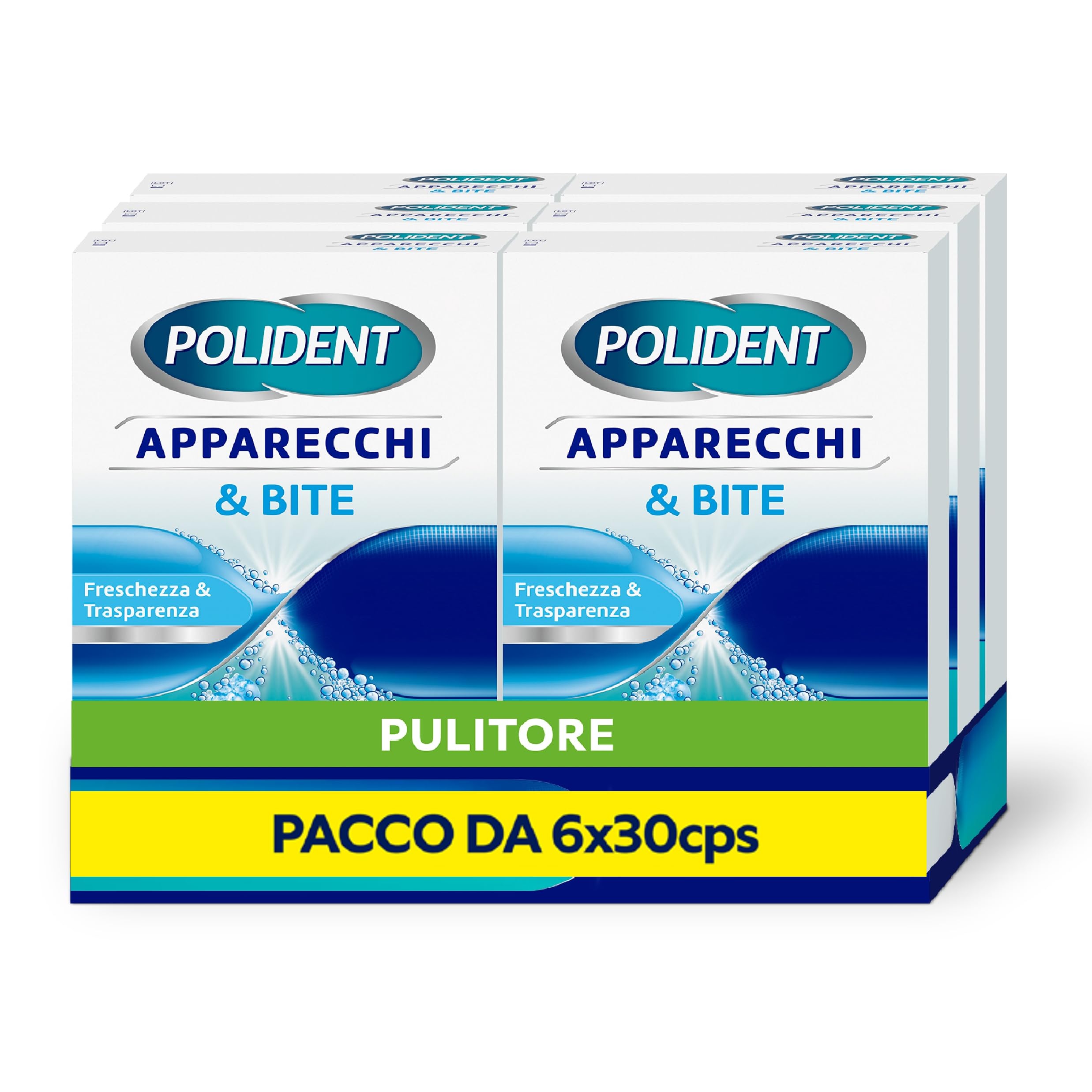 Polident Apparecchi & Bite, Pulitore per Protesi Dentale, Allineatori, Paradenti Sportivi, Bite Anti Bruxismo, Pacco da 6x30 compresse