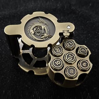 Revolver Metal Dice Set, 7 Piece Polyhedral Bullet Dice with Spinning Revolver Cylinder Case, Cyberpunk Style Tabletop RPG Dice for Dungeons and Dragons, Table Games