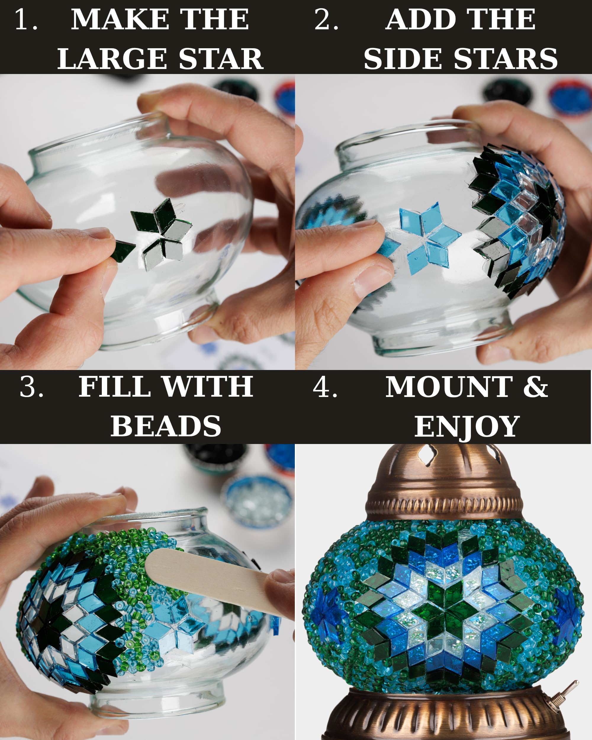 DEMMEX Kit fai da te con lampada a mosaico turco, set regalo completo per adulti e ragazzi, decorazione per la casa facile e divertente, lampada da tavolo (classica, turchese)