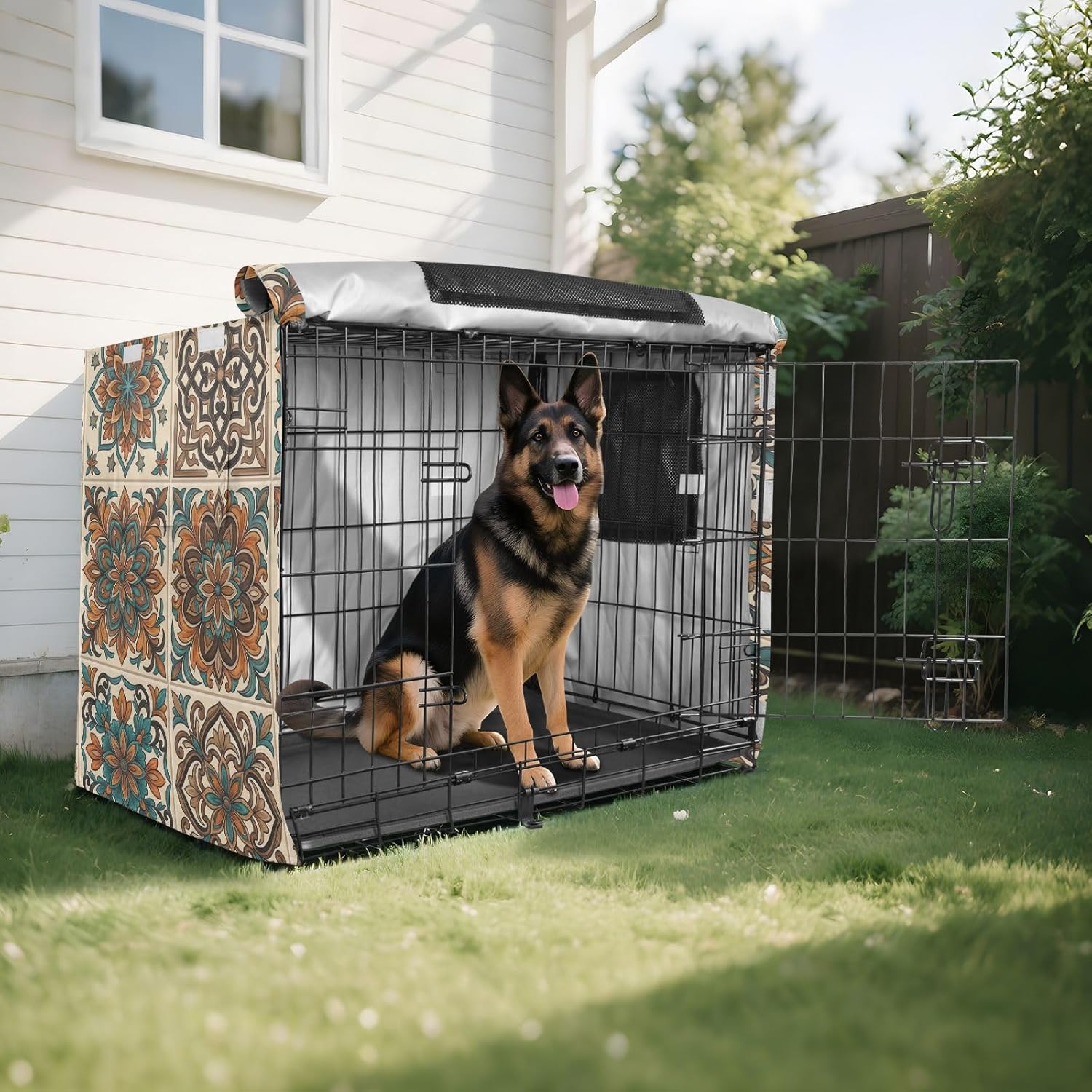 Duty 600D Silver Coated Dog Crate Cover, Water-Resistant Retro Pattern Pet Kennel Canopy with Mesh Windows for Optimal Ventilation, Universal Fit for Standard Wire Cage, Indoor & Travel