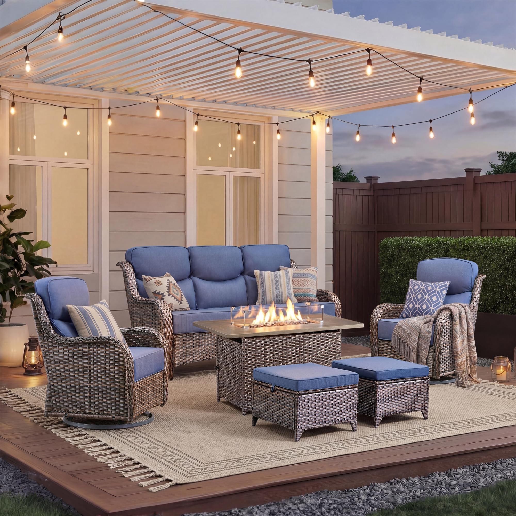 Luxury Patio Furniture Set with Fire Pit Table-6 Pieces All Weather Outdoor Swivel Rocker Chairs with Sofa and Ottomans. Outdoors Patio Conversation Sets for Porch Deck Garden Backyard(Brown/Blue)