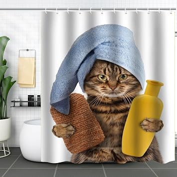Funny Bathing Cat Shower Curtain for Bathroom, Kid Cute Cartoon Bathing Animal Kitten Puppy Stall Shower Curtain with 12 PCS Durable Hooks, Adult Kids Bathroom Decor Bathing Cat, 72" X 72"