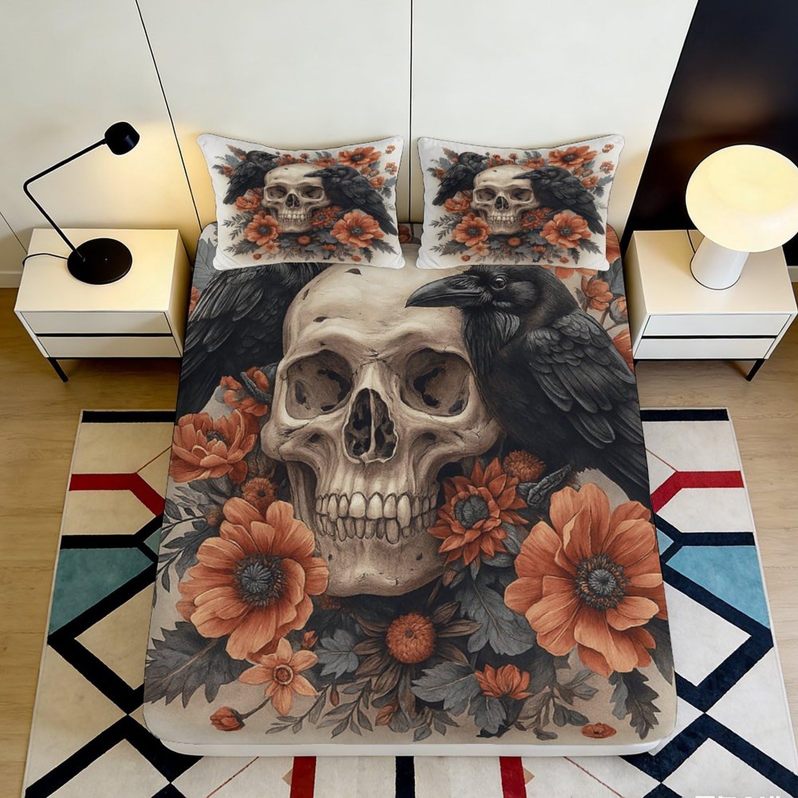 3D Printed Skull Floral Fitted Sheet Microfiber Anti-Slip Mattress Cover for Bedroom Dorm Easy Care Decoration 180x200x25cm