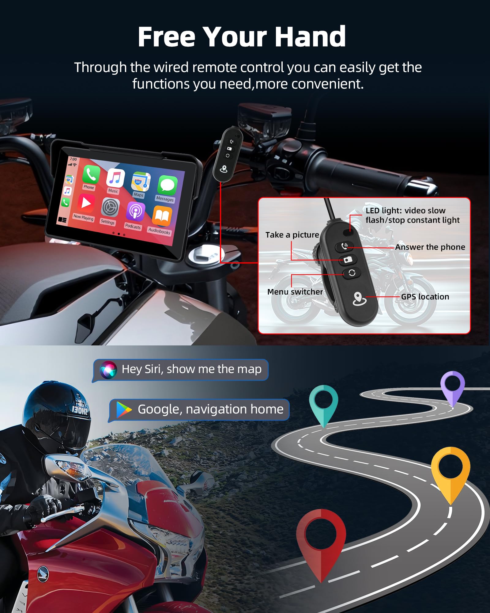 Jansite Moto Carplay Android Auto con cámara de salpicadero 2K delantera trasera, dispositivo de navegación de 7 pulgadas, IP67 resistente al agua, doble pantalla Bluetooth, grabación continua 64 G TF