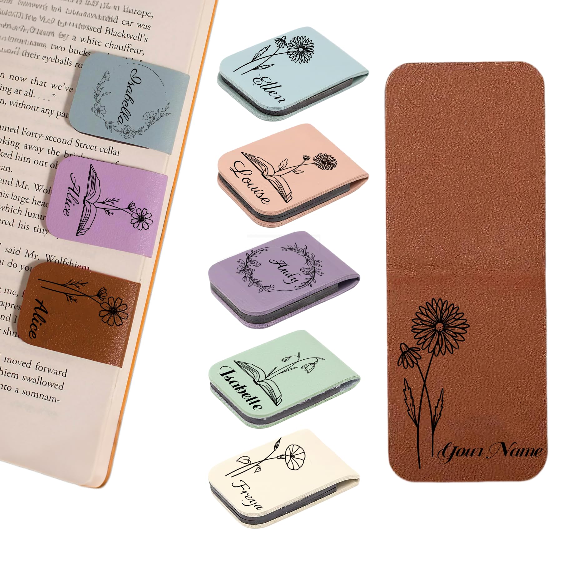 Personalised Magnetic Leather Bookmark with Name Birth Flower, Custom Leather Book Marks for Books, Journals & Bibles, for Women and Men's Birthdays, Book Lovers, Teacher, Valentine's Day (B)