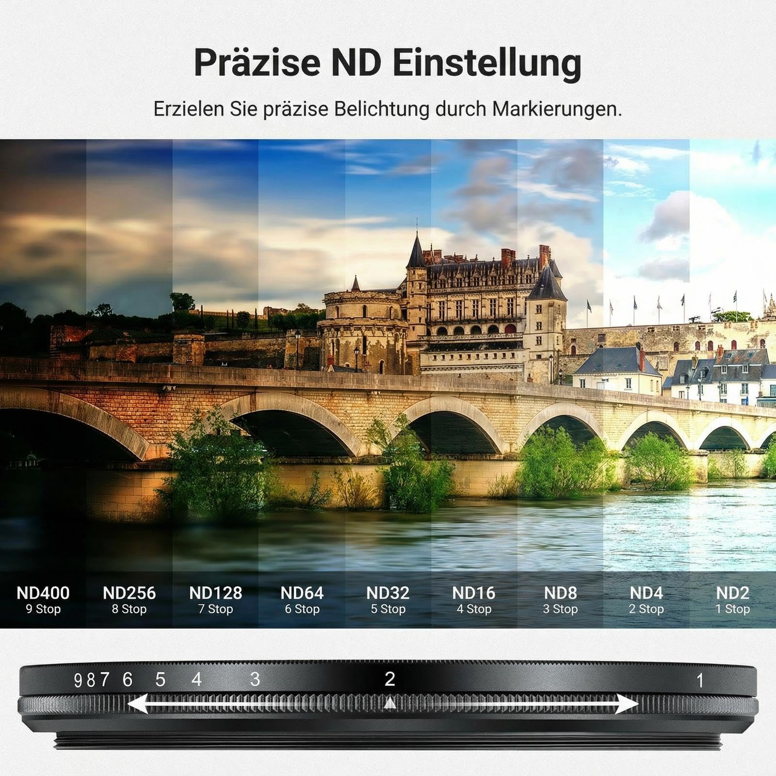 NEEWER BASICS 55mm variabler ND Filter, ND2-400 1-9 Stops Lichtreduzierung, drehbarer variabler Graufilter Neutraldichtefilter mit Anti Fingerabdruck Beschichtung, schlanker Rahmen für Kameraobjektive