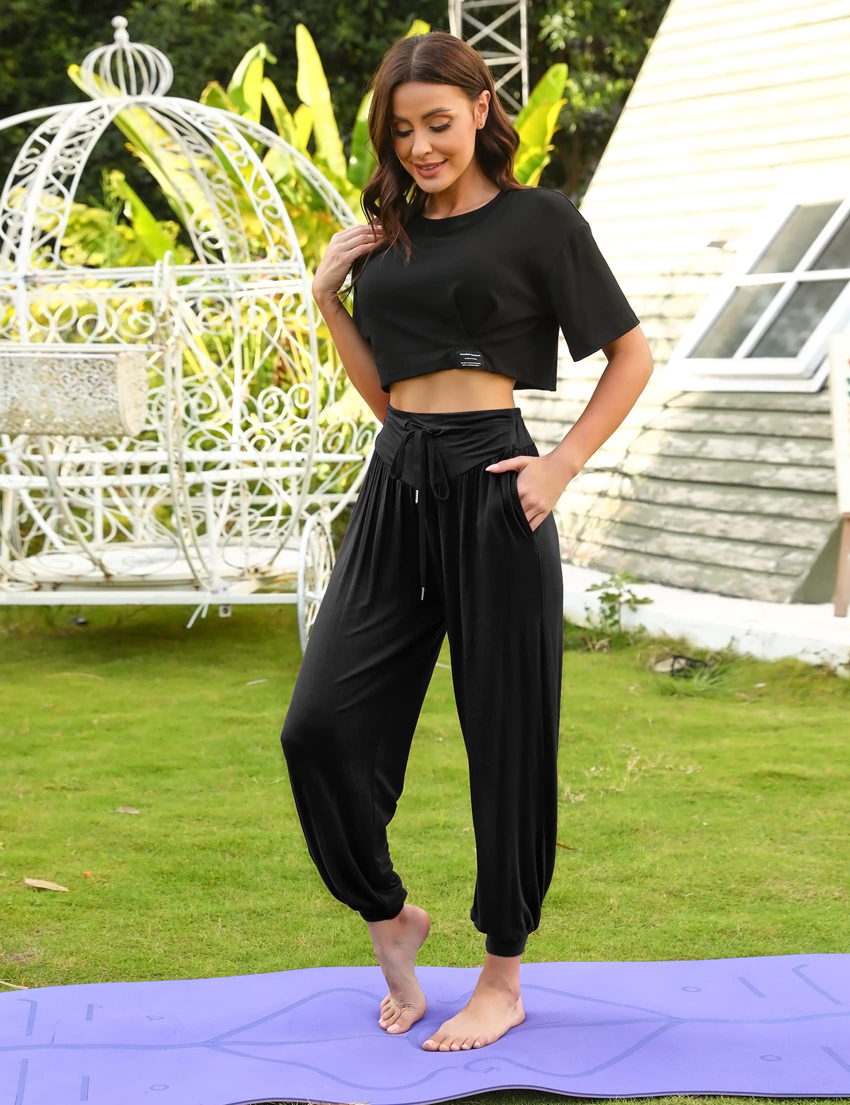 Terecey Pantaloni Harem Donna,Pantaloni da Yoga Donna con Tasche,Pantaloni Donna Eleganti Vita Alta,Pantaloni Donna sprotivi Cotone per Jogging, Danza, Pilates S-3XXL