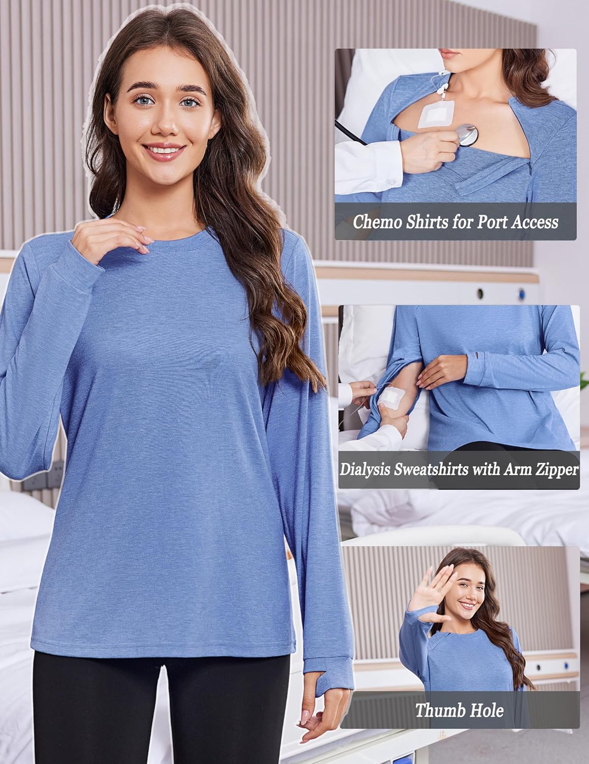 Deyeek Chemo Shirts for Port Access Women Long Sleeve Shoulder Post Surgery Shirt Dialysis Sweatshirts with Arm Zipper - Image 4