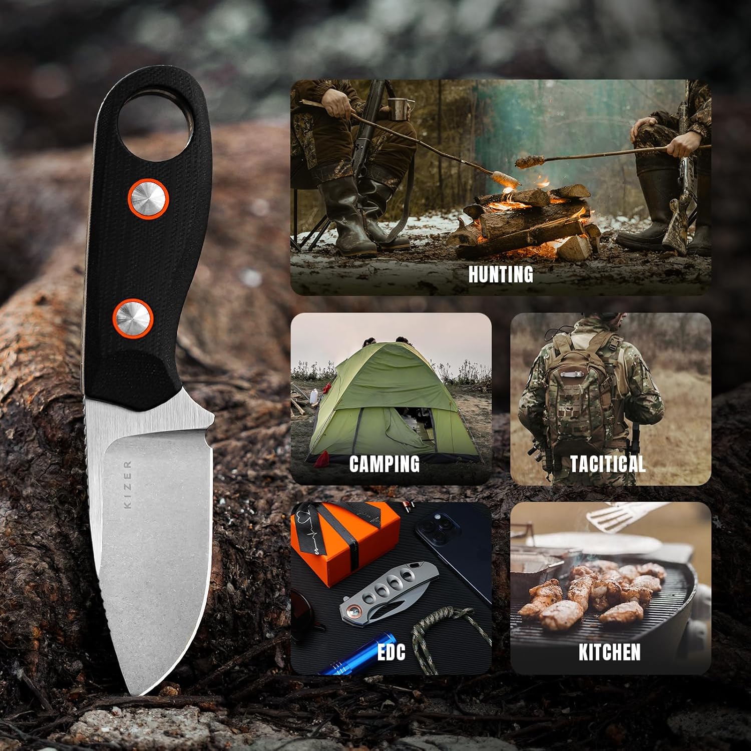 Kizer Beaver Fixed Blade Knife with Sheath, 2.75" Nitro-V Blade EDC Fixed Blade Camping Knife with Black G10 Handle, Small Bushcraft Survival Knives, Outdoor Hunting Knives for Men Women, 1078M1