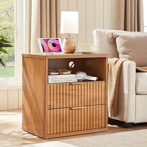 Miniatura 15 de LEYAOYAO Cómoda acanalada con 5 cajones para dormitorio, cómoda moderna de 34 pulgadas de alto con mango de metal, diseño de perfil curvo, Natural