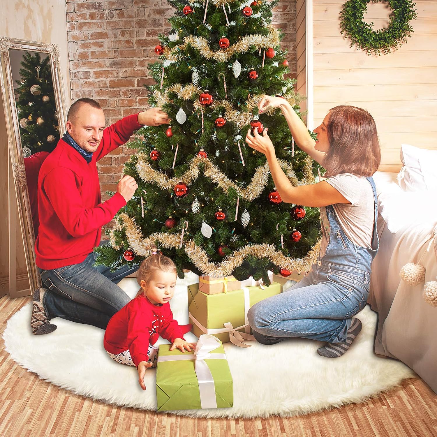 Joyjoz 48 Inch Christmas Tree Skirt, Large White Christmas Tree Skirt with 48 PCS Stickers，Luxury Faux Fur for Christmas Decorations Holiday, Xmas Ornaments