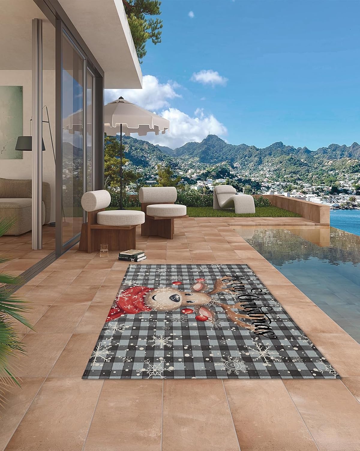 Outdoor Rug, Merry Christmas Elk Colored Ball Scarf Snowflake Winter Black and Blue Plaid Absorbant Non-Slip Area Rugs Mat Carpet for Patio Balcony Porch Backyard Deck Rv Camping 4x6 ft