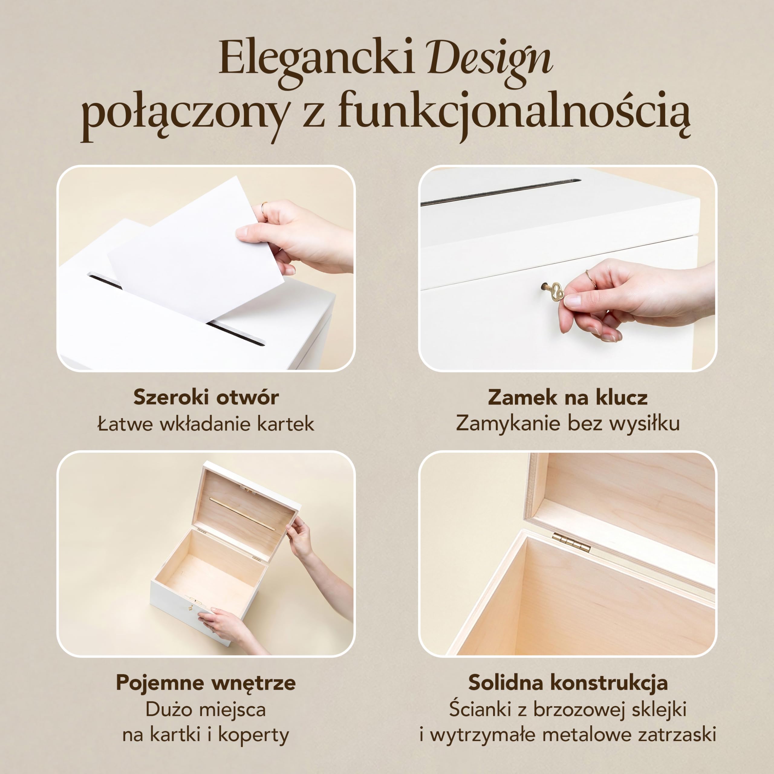 Creative Deco Pudełko Drewniane na Koperty Ślubne Białe | 29 x 25 x 15 cm | Niemalowane Drewno | z Pokrywą i Kluczykiem | Skrzynka na Specjalne Okazje, Urodziny, Ślub do Dekoracji