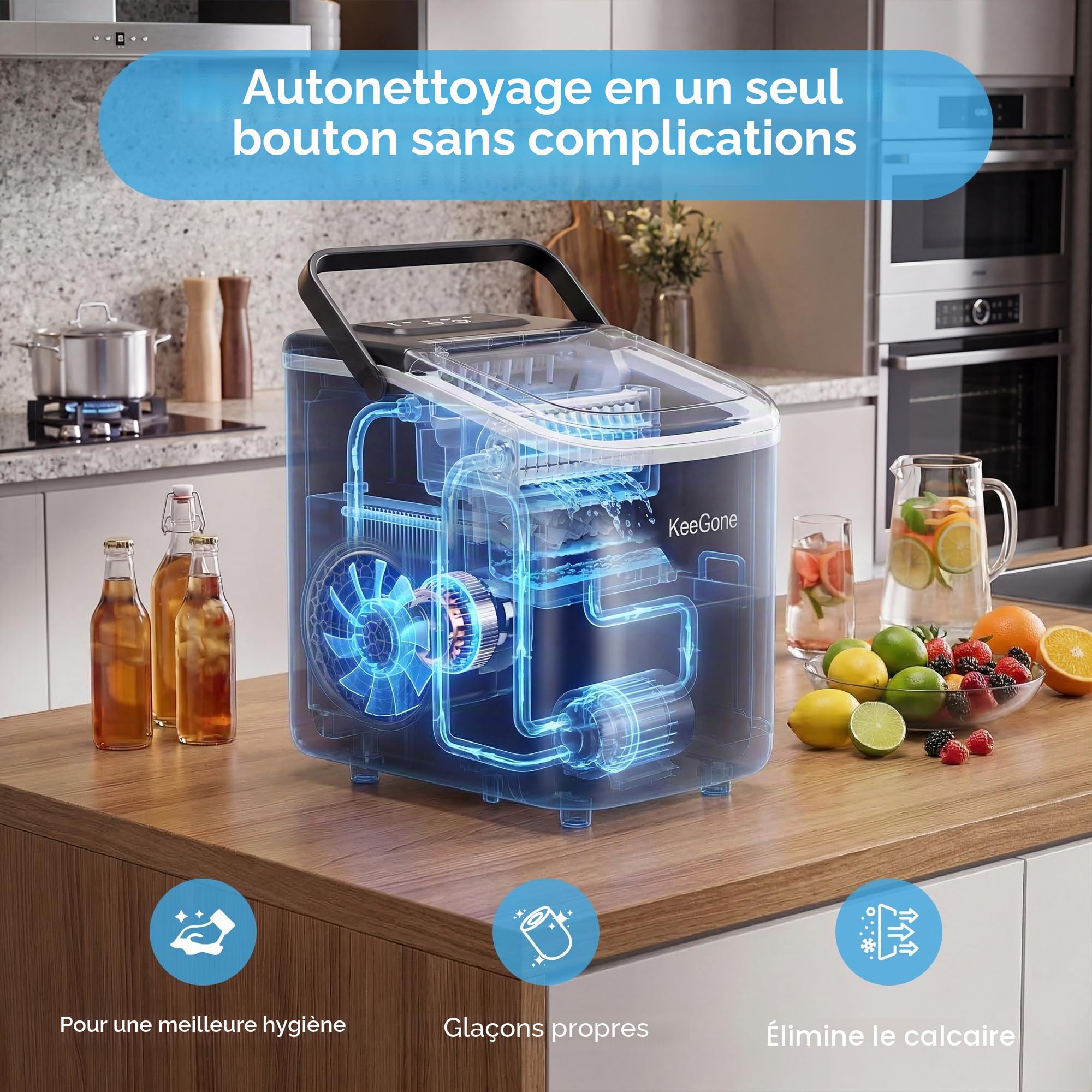 Petite machine à glaçons avec réservoir d'eau de 1,2 l, 9 cubes en 6 minutes, noire, avec poignée portable, 10 kg/24 h, machine à glaçons autonettoyante pour cuisine, bureau, bar et fête