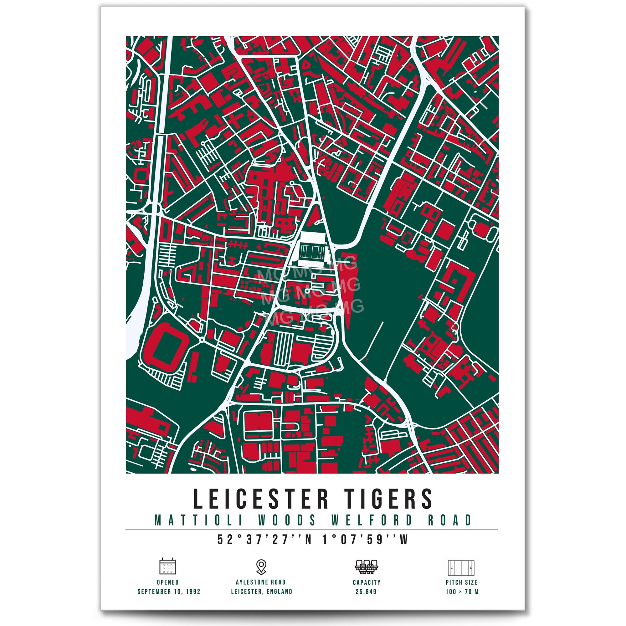 Mounted Gifts Trading A4 Print (Unframed) Leicester Tigers Mattioli Woods Welford Road Stadium Map Minimalist A4/A3 Poster Photo Print Framed Gift Rugby Fan Wall Art (A4 Print (Unframed))