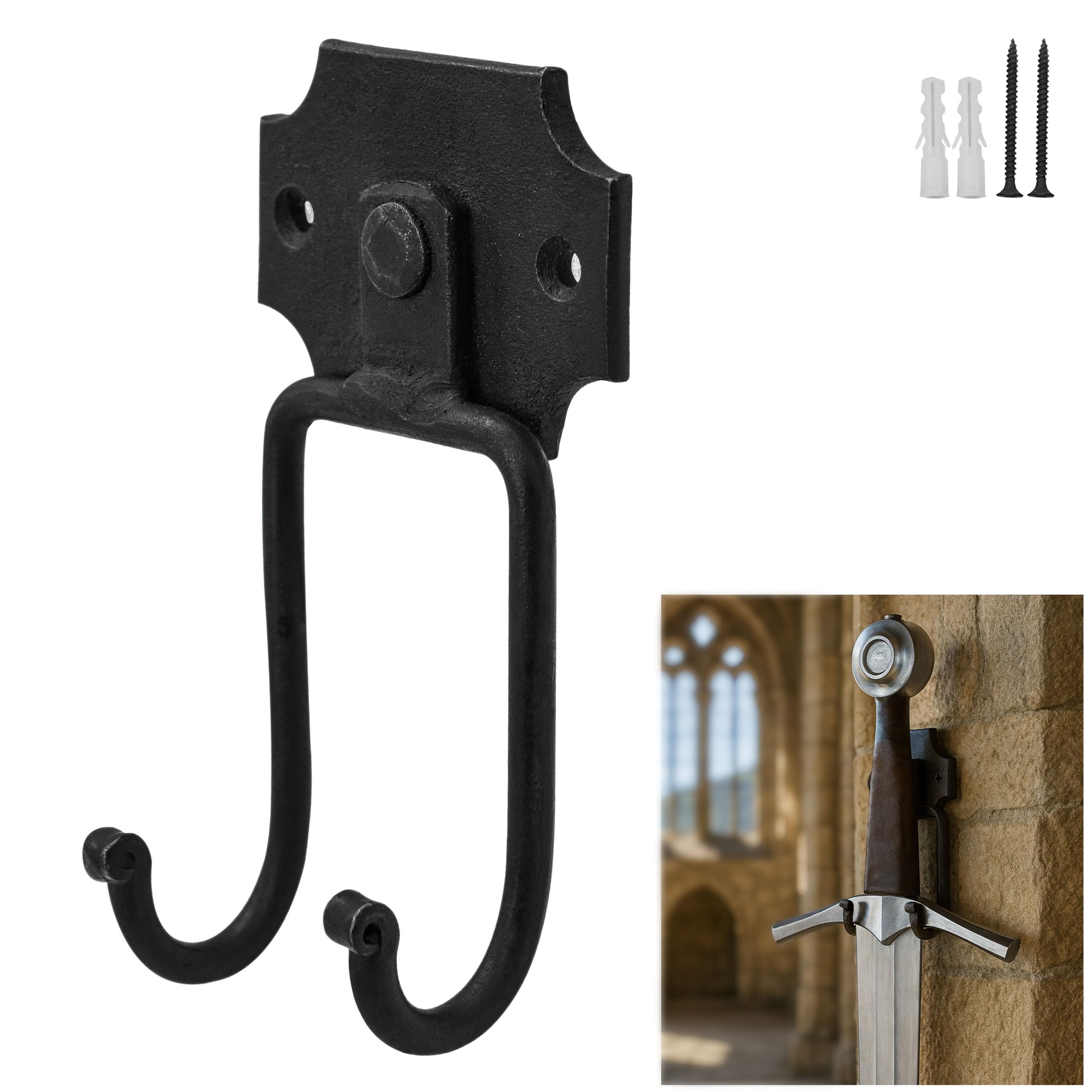 Mythrojan Handforged Sword Stand Wall Mount Display Rack Stand Holder Universal Sword Holder Wall Mount Hanger for Sword, Axe Display - Black, 13 x 6 cm