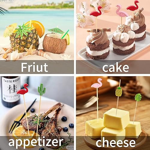 Miniatura 5 de FOIMAS 160 piezas de selecciones de cóctel tropicales Hawaii palillos de bambú palillos de dientes de cactus hojas de palma para aperitivos,