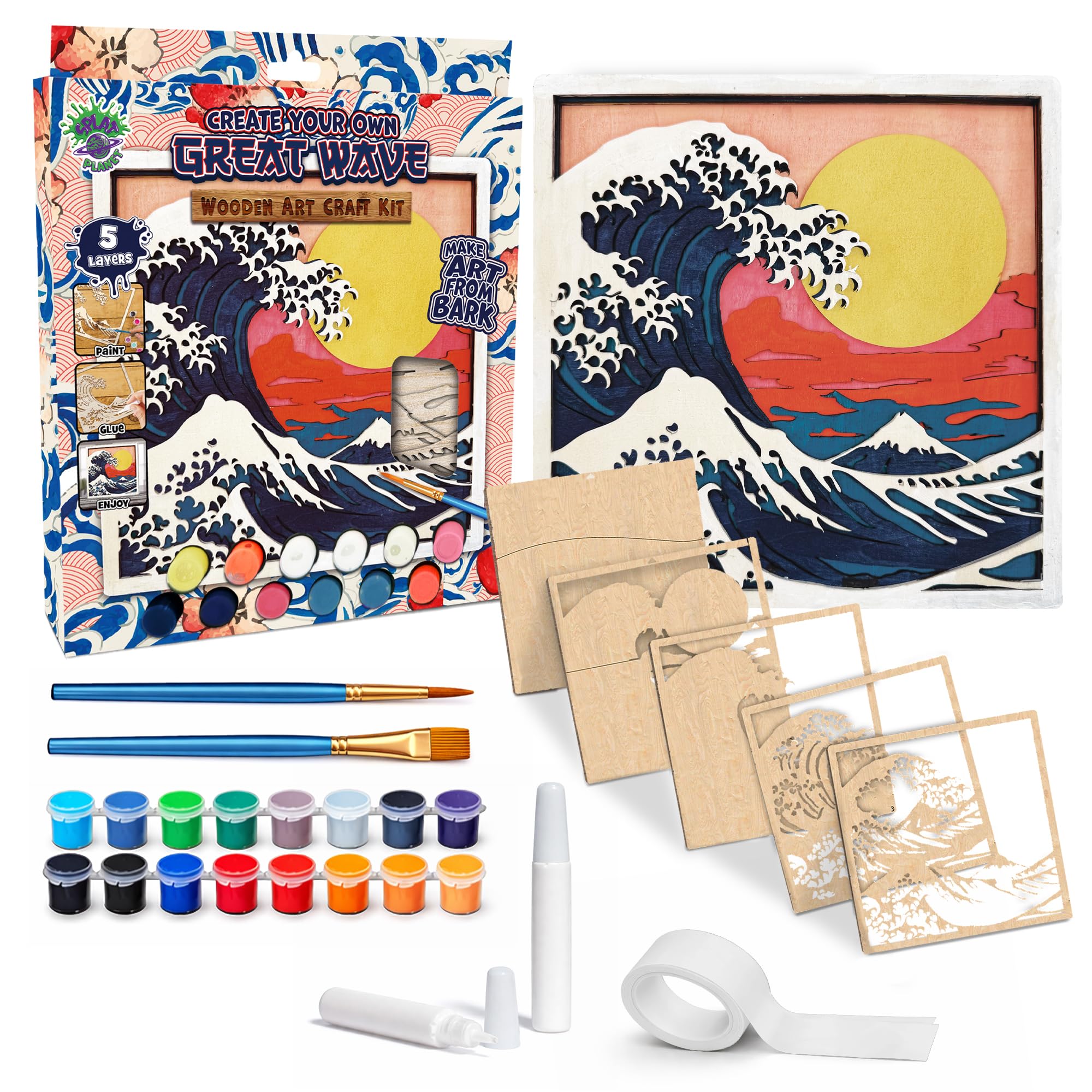 Splat Planet – Great Wave 3D Wooden Art Kit – Paint Your Own 3D Layered Wood Wall Art for Kids & Adults, DIY 3D Art Great Wave Wood Painting Kit Wooden Art and Craft Gift Set, 25 x 25cm