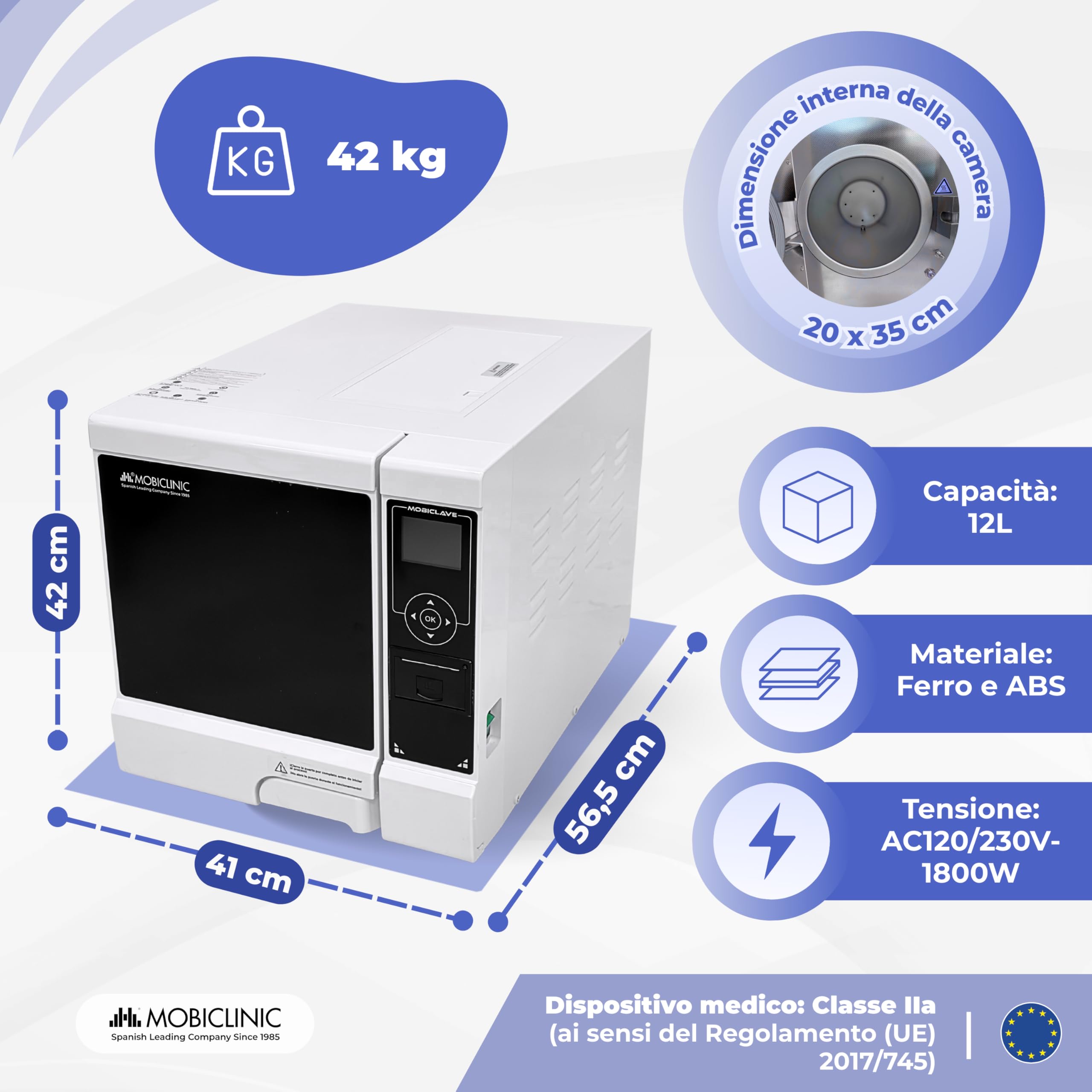 Mobiclinic®, Autoclave Professionale, Autoclave Sterilizzatrice a Vapore 12L, Disinfettante 99% con Copertura 360°, Programmi Personalizzabili, Stampante, USB, Cliniche e Laboratori, MobiClave