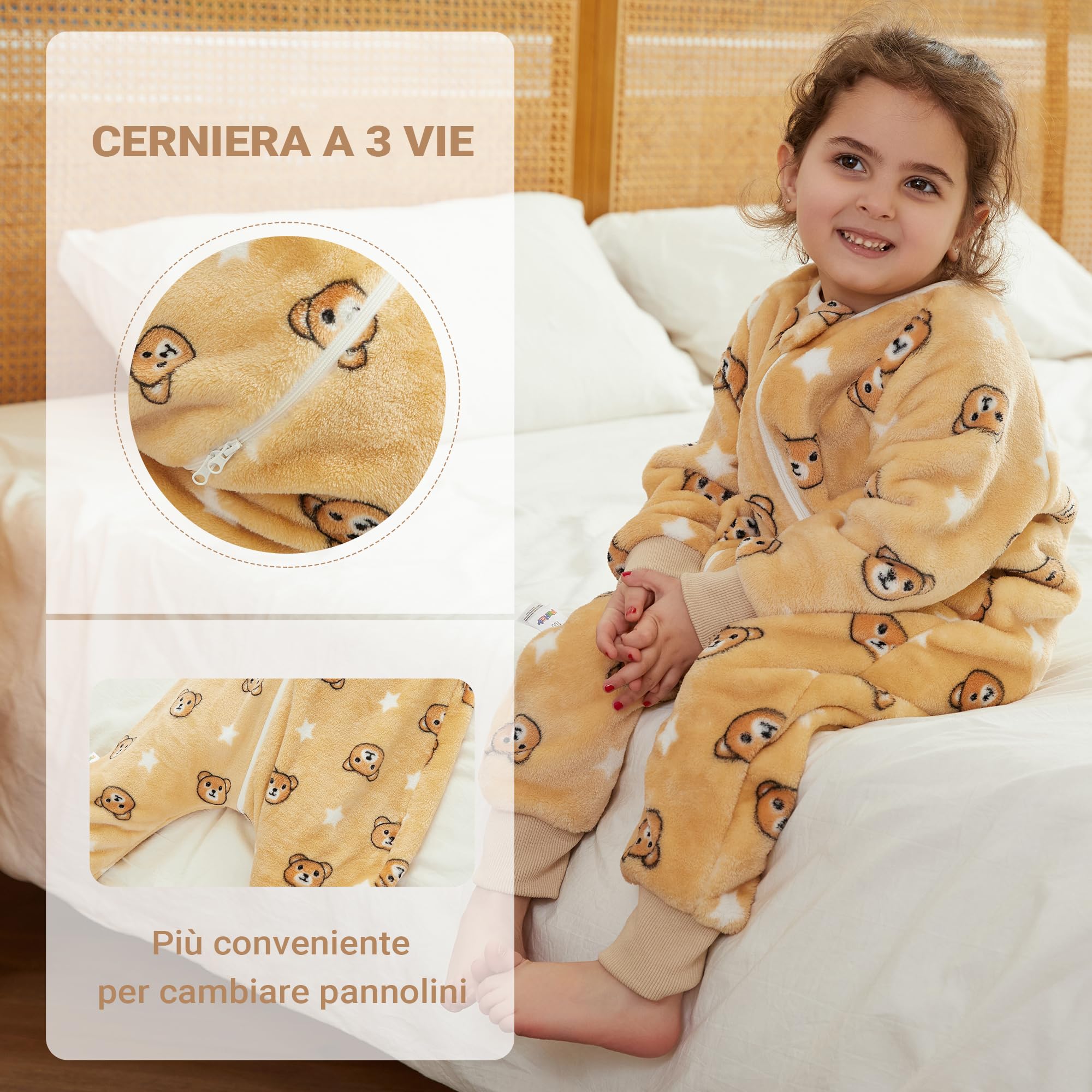 XQ&XG Sacco Nanna con piedini, Bambini Sacco Nanna con gambe 2.0 TOG, Flanella Sacco a pelo a maniche lunghe, Orso bruno, 130