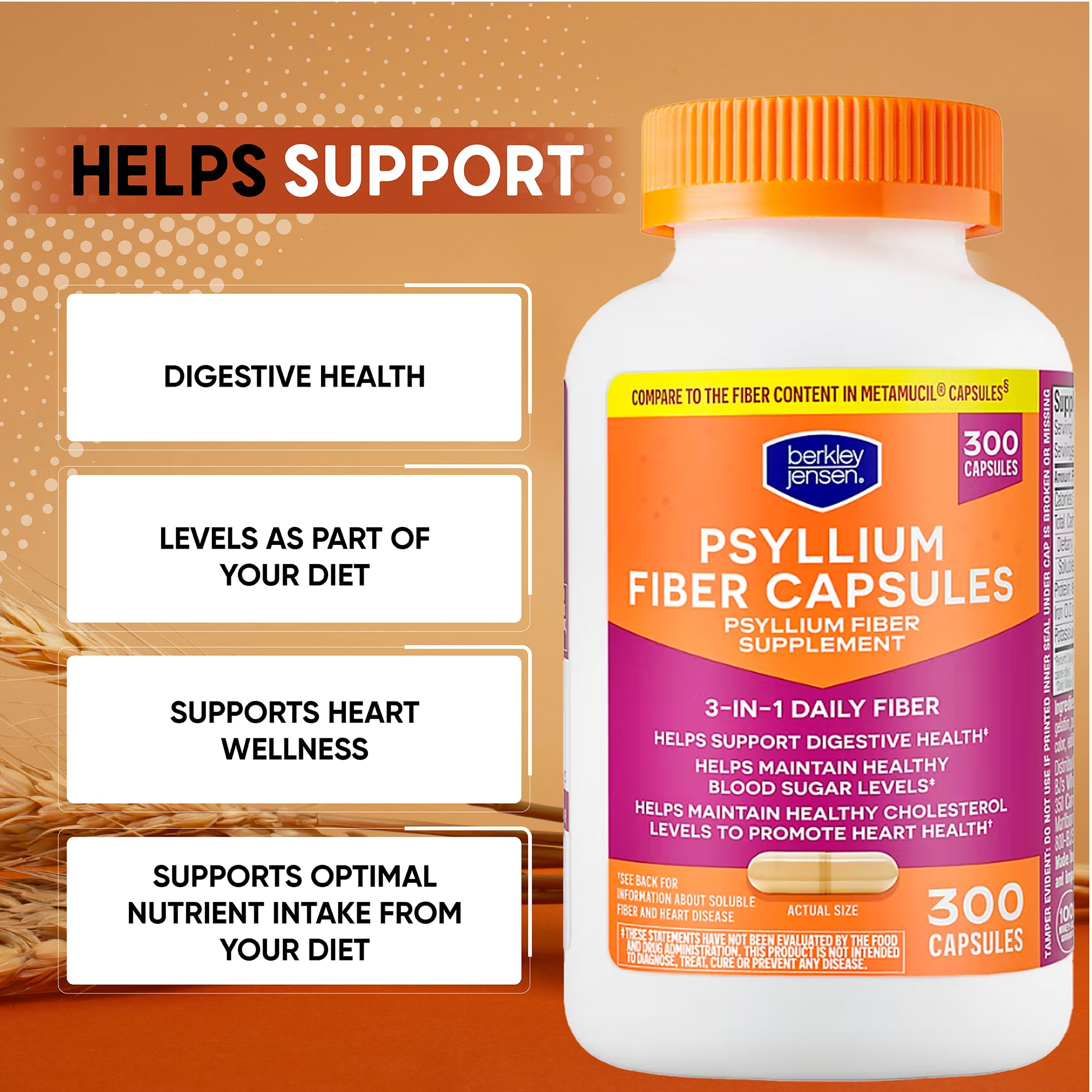 berkley jensen Psyllium Husk Fiber Capsules, 3-in-1 Natural Fiber Supplement for Men & Women, Daily Psyllium Husk Help Support Digestive Health, Promote Regularity, Made in USA, 300 Count (Pack of 1) — Amazon image 3