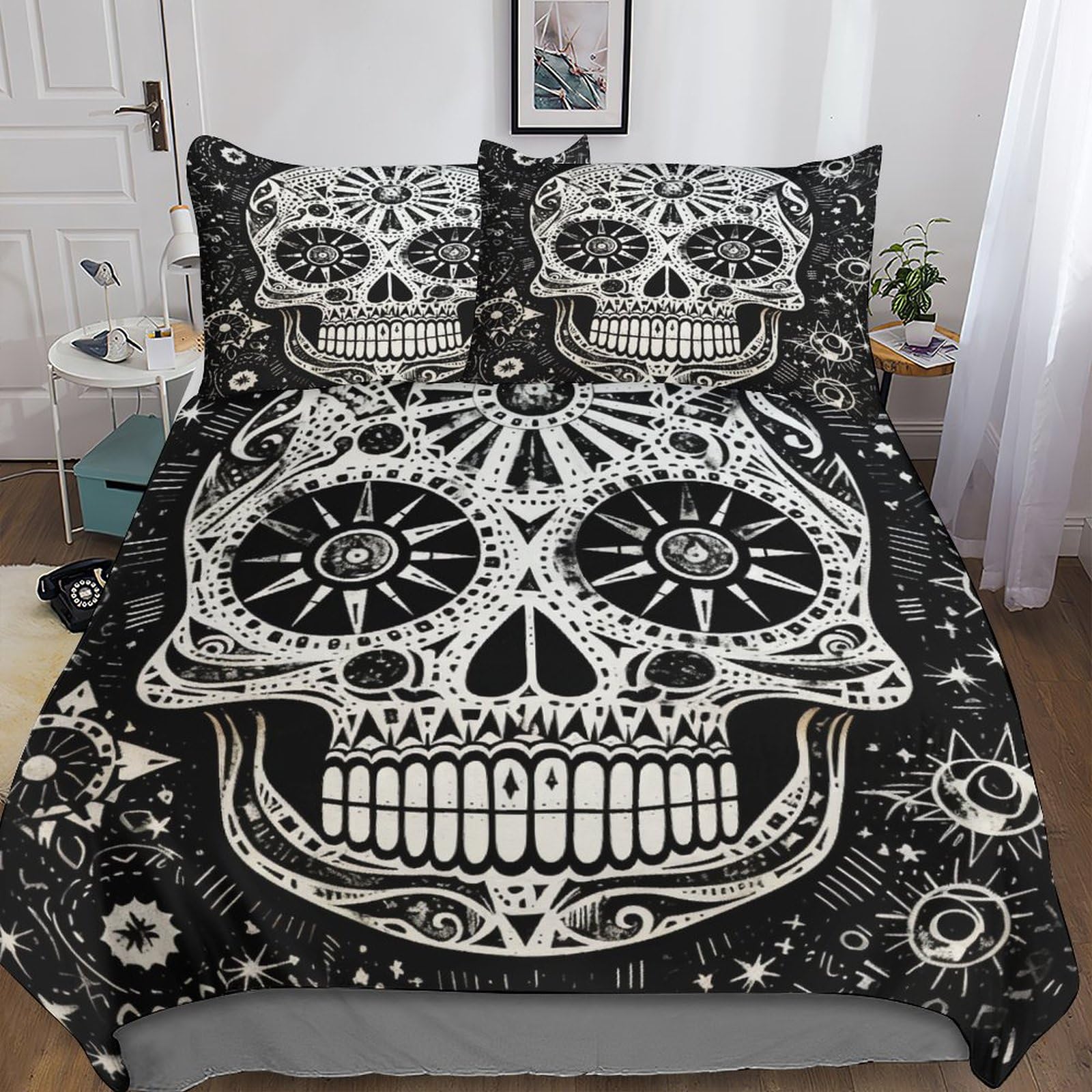 Housse de couette microfibre lit king size parure lit tête de mort 220x240cm fermeture éclair