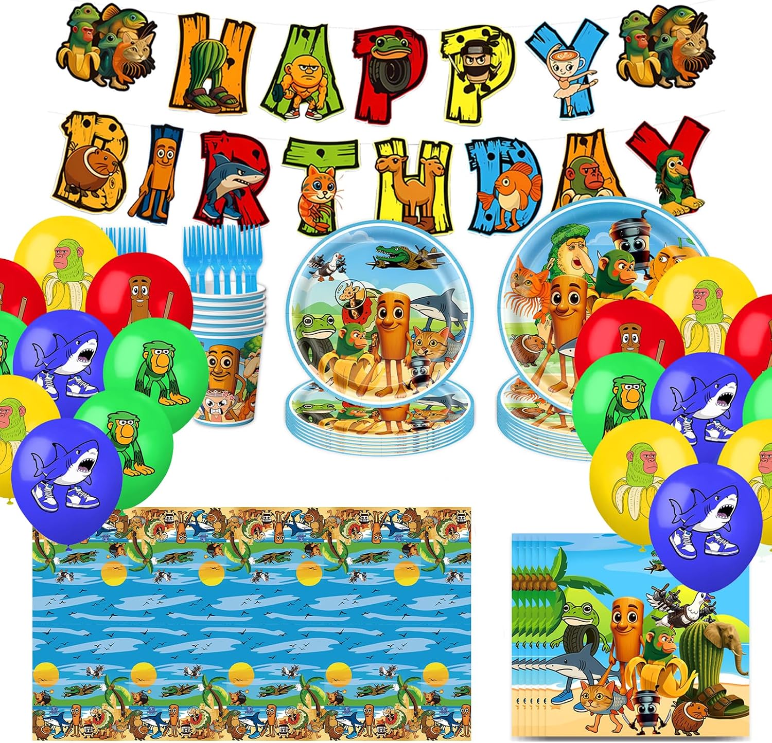 Italian Brainrot Birthday Decorations Set with Happy Birthday Tralalero Banner, Brain Rot Balloons, Plates, Napkins,Paper cups, Tablecloth, Forks for Kids Party