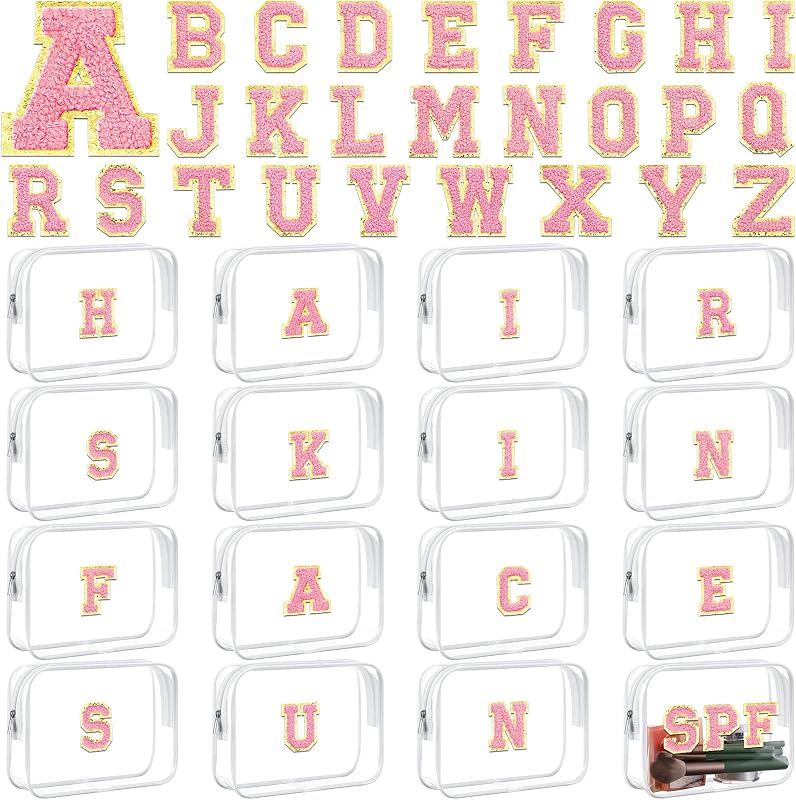 Necessaire transparente Huhumy com patches de letras em chenille, branca e letras rosa, pacote com 12
