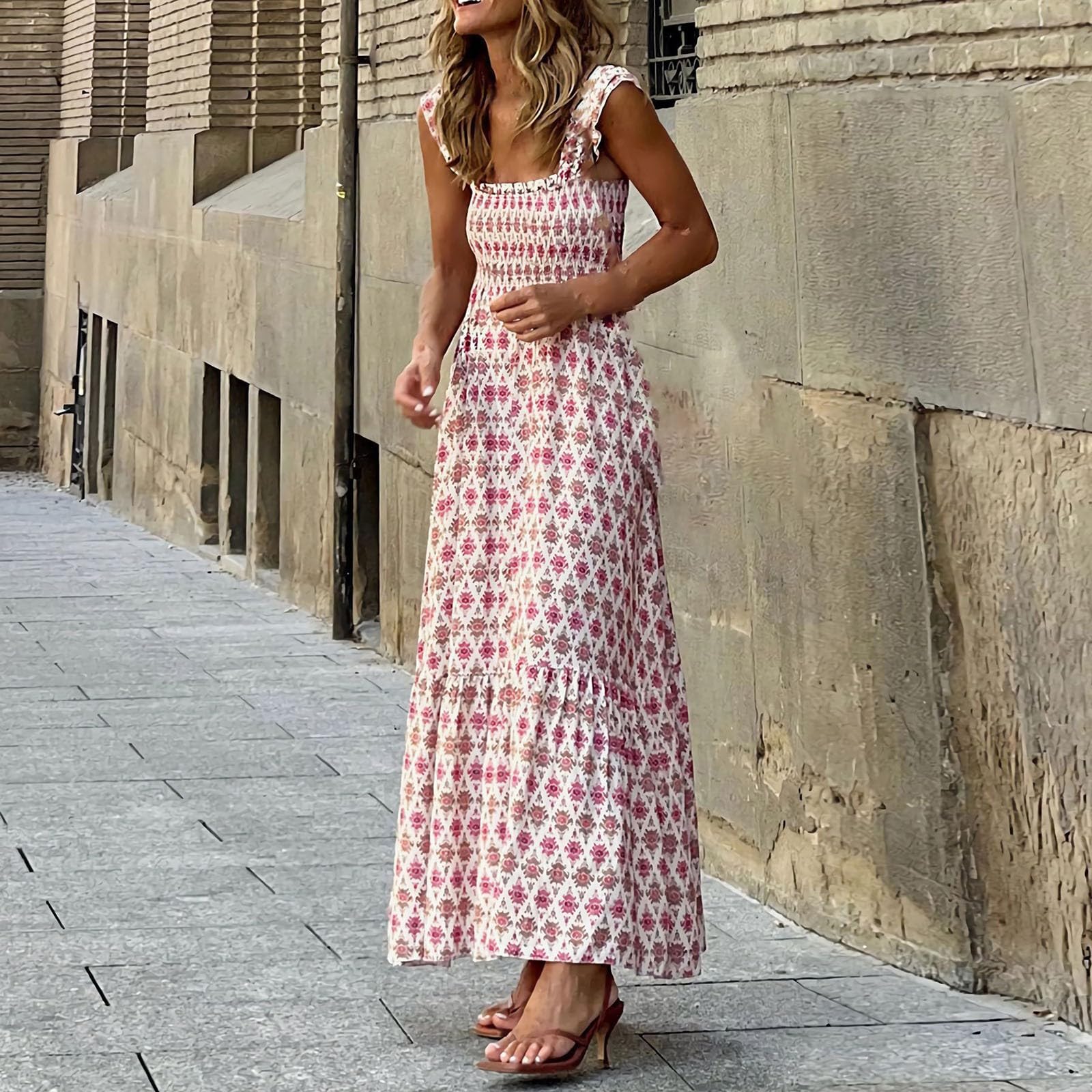 Abito estivo da donna, lungo, per il tempo libero, leggero e arioso, con motivo floreale, elegante e incantevole, con scollo quadrato, abito da spiaggia con spalline