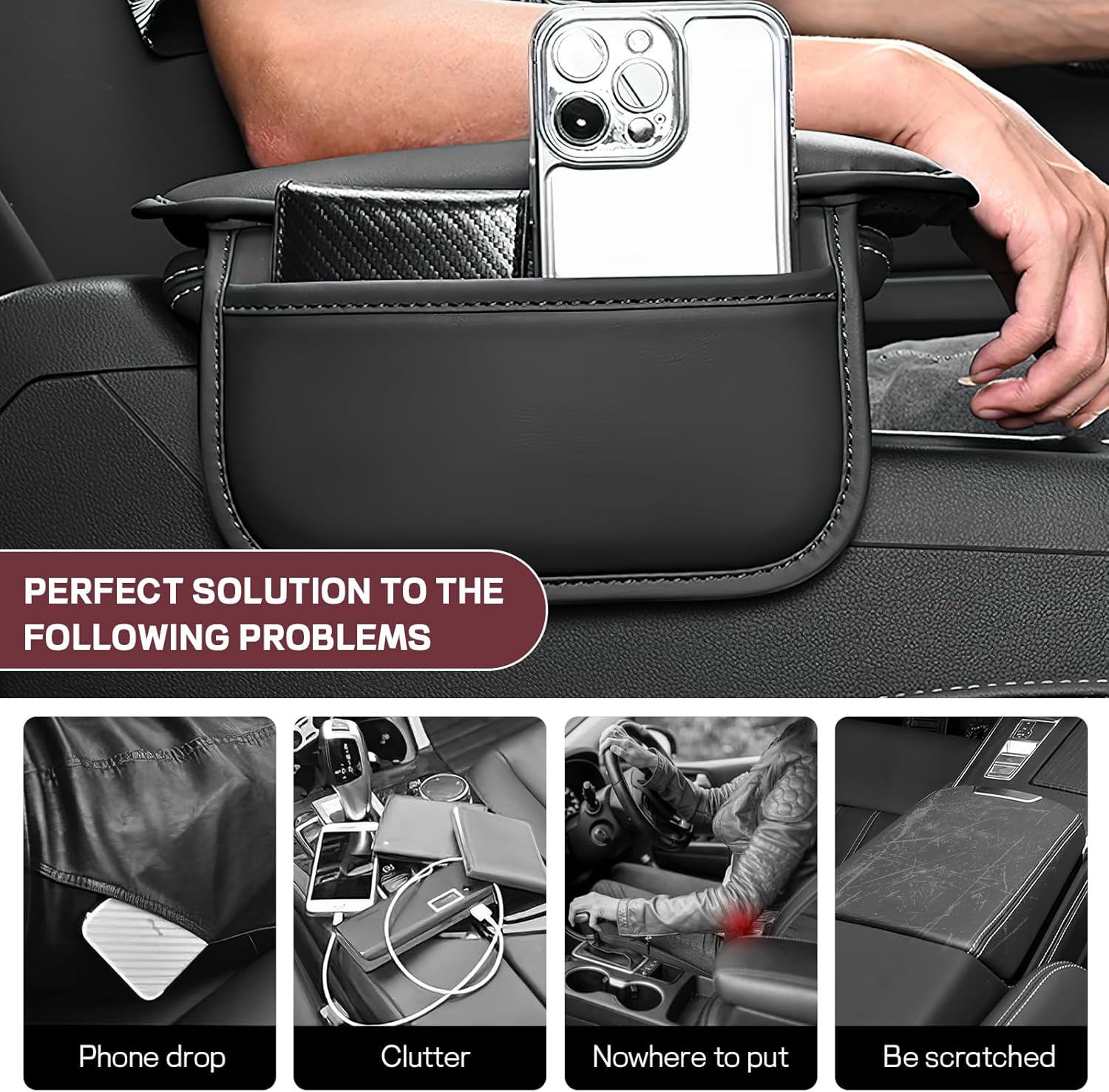 wuyaoyao Car Center Console Cover, Leather Memory Foam Armrest Cover Cushion with 2 Storage Bags, Universal Car Armrest Seat Box Pad Car Interior Accessories Protector for Most Vehicle (Black)