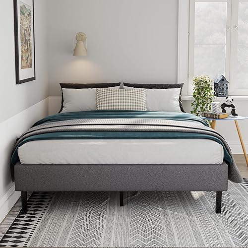 Miniatura 3 de SHA CERLIN Marco de cama tamaño Queen marco de cama tapizado no necesita somier cama de plataforma de perfil bajo con listones de lana fácil montaje