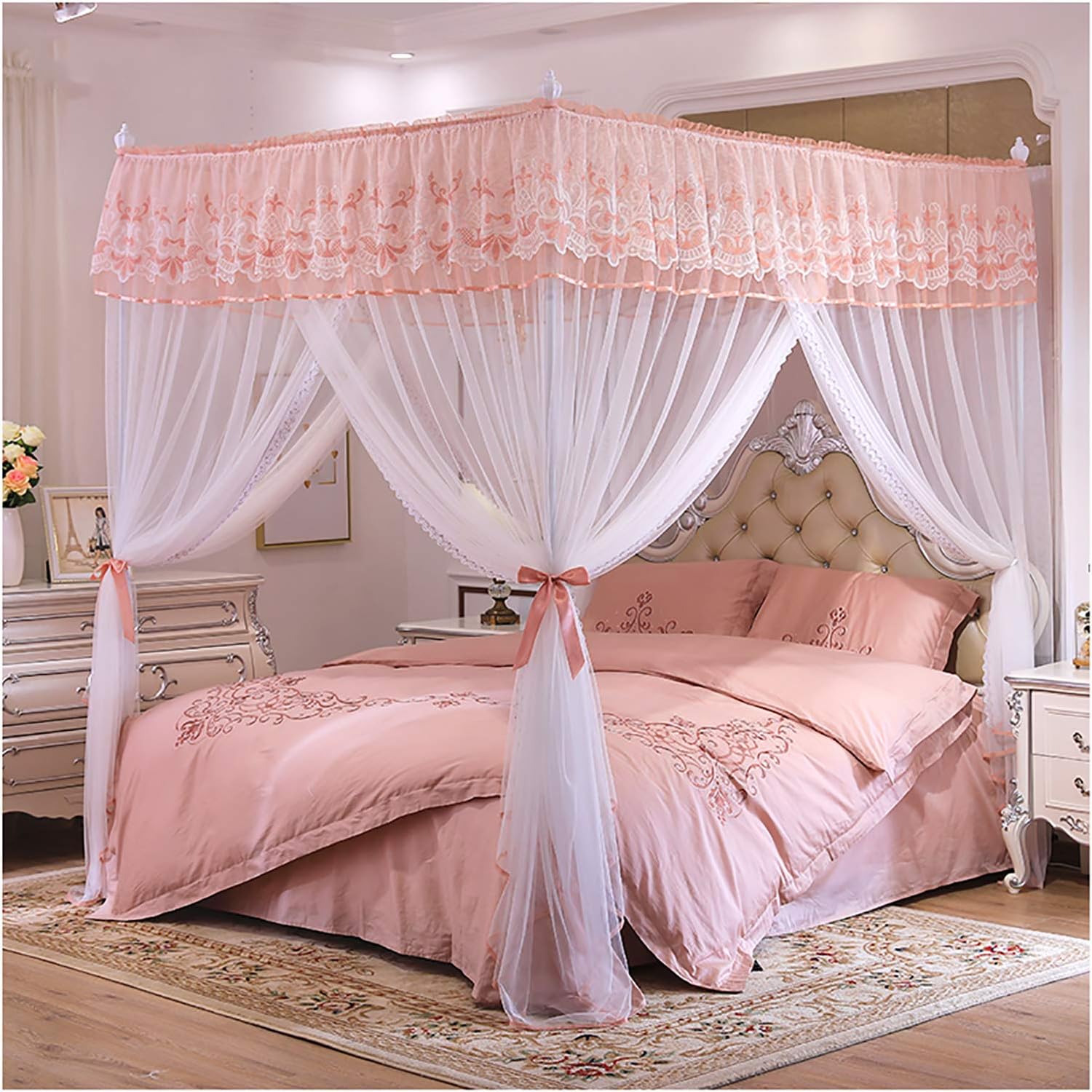 4 Corner Post Princess Bed Curtain Canopy for Girls Elegant 3 Openings Encrypted Canopy Bed Curtains Mosquito Net with Bracket (B 150X200X200Cm) (B 150X200X200Cm)/D/150X200X200Cm