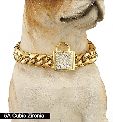 Miniatura 6 de Collar de cadena para perro con cierre de circonita cúbica de 0.551 in, acero inoxidable chapado en oro de 18 quilates, collar para perro (18