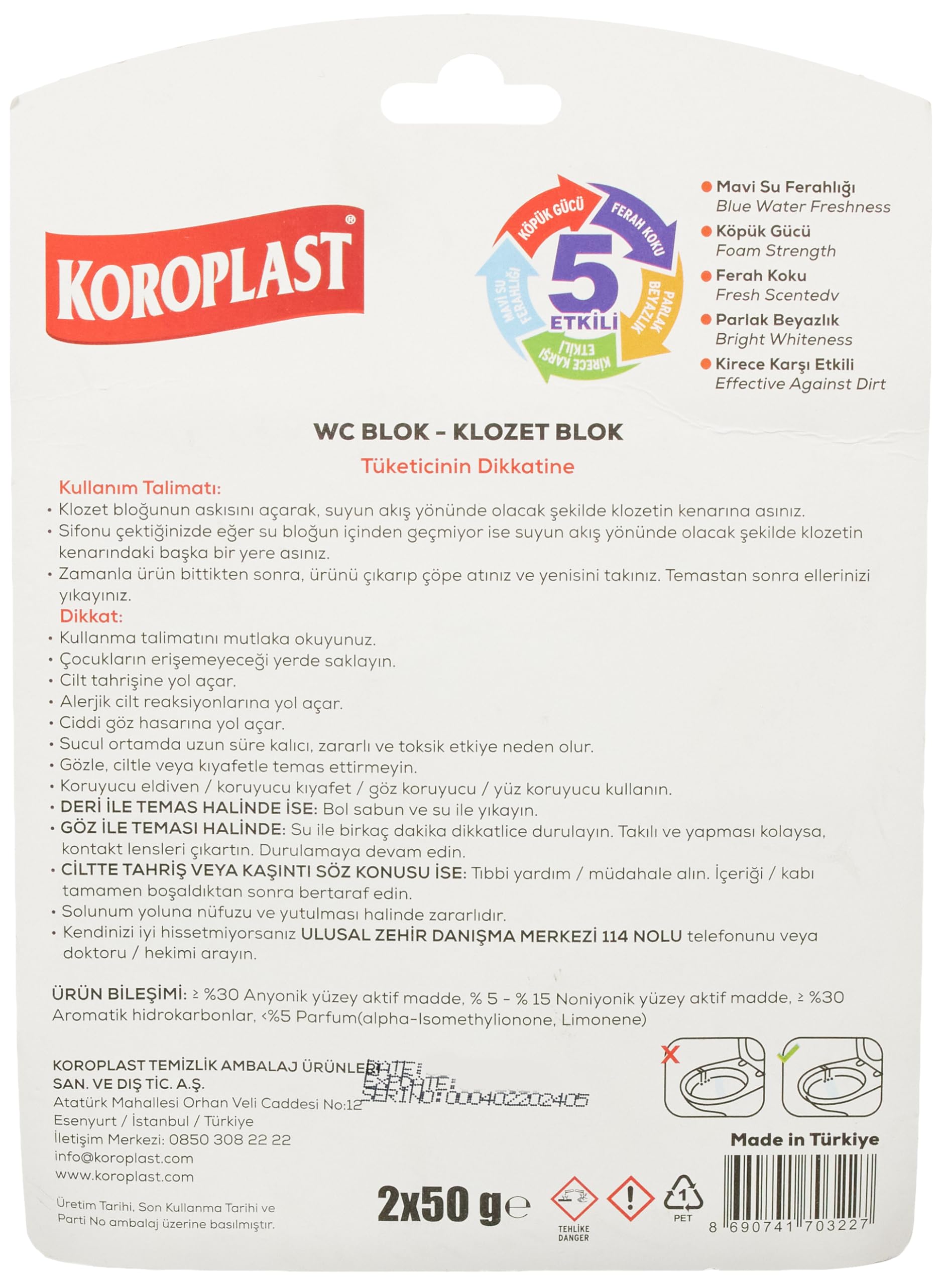 Koroplast 5 Etkili WC Blok 2'li Katı Tuvalet Bloğu Beyaz Sabun Kokulu 2li paket