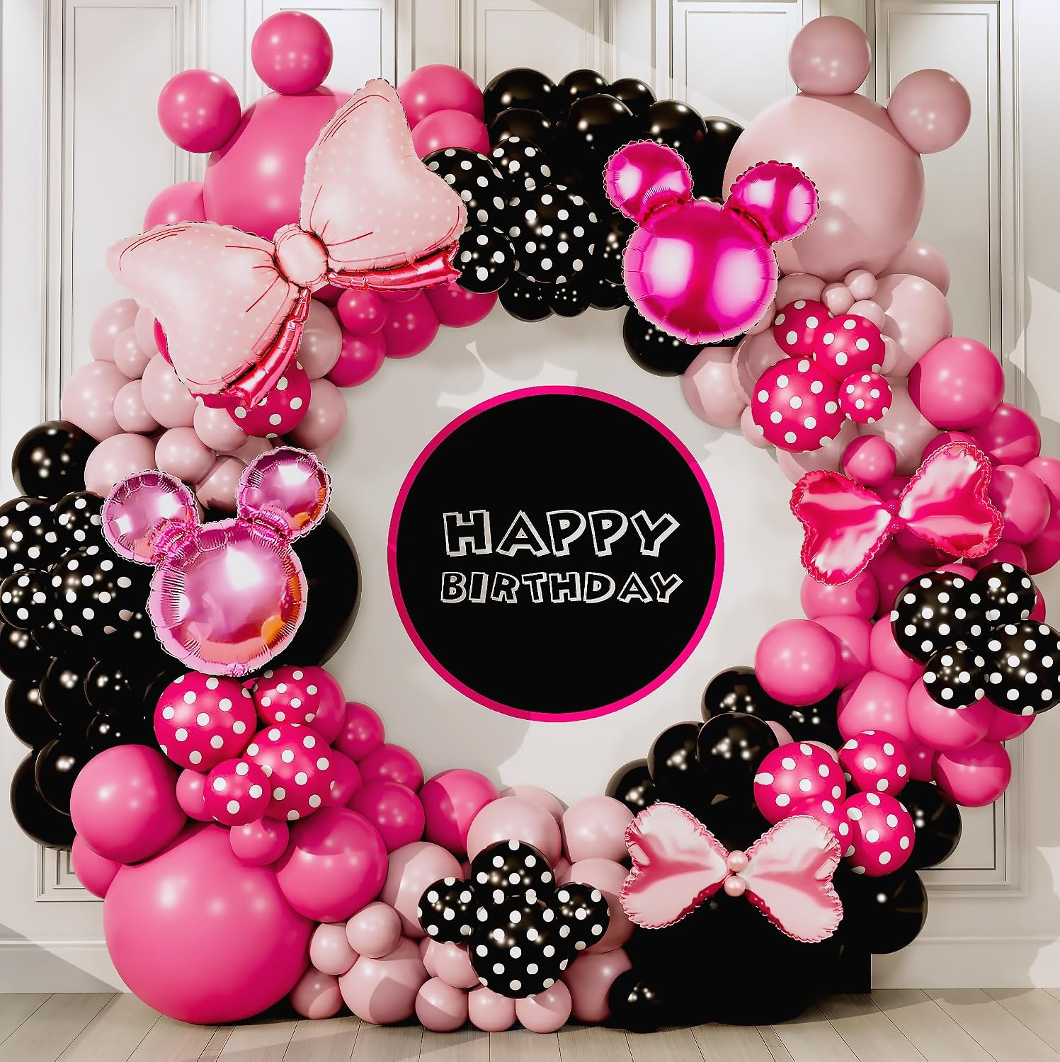 ALL-IN-1 Pink and Black Balloon Arch Kit with BONUS Bow & Head Balloons - Pink and Black Cartoon theme Balloons for Birthday Decorations & Party Supplies for Girl Birthday Party, Baby Shower