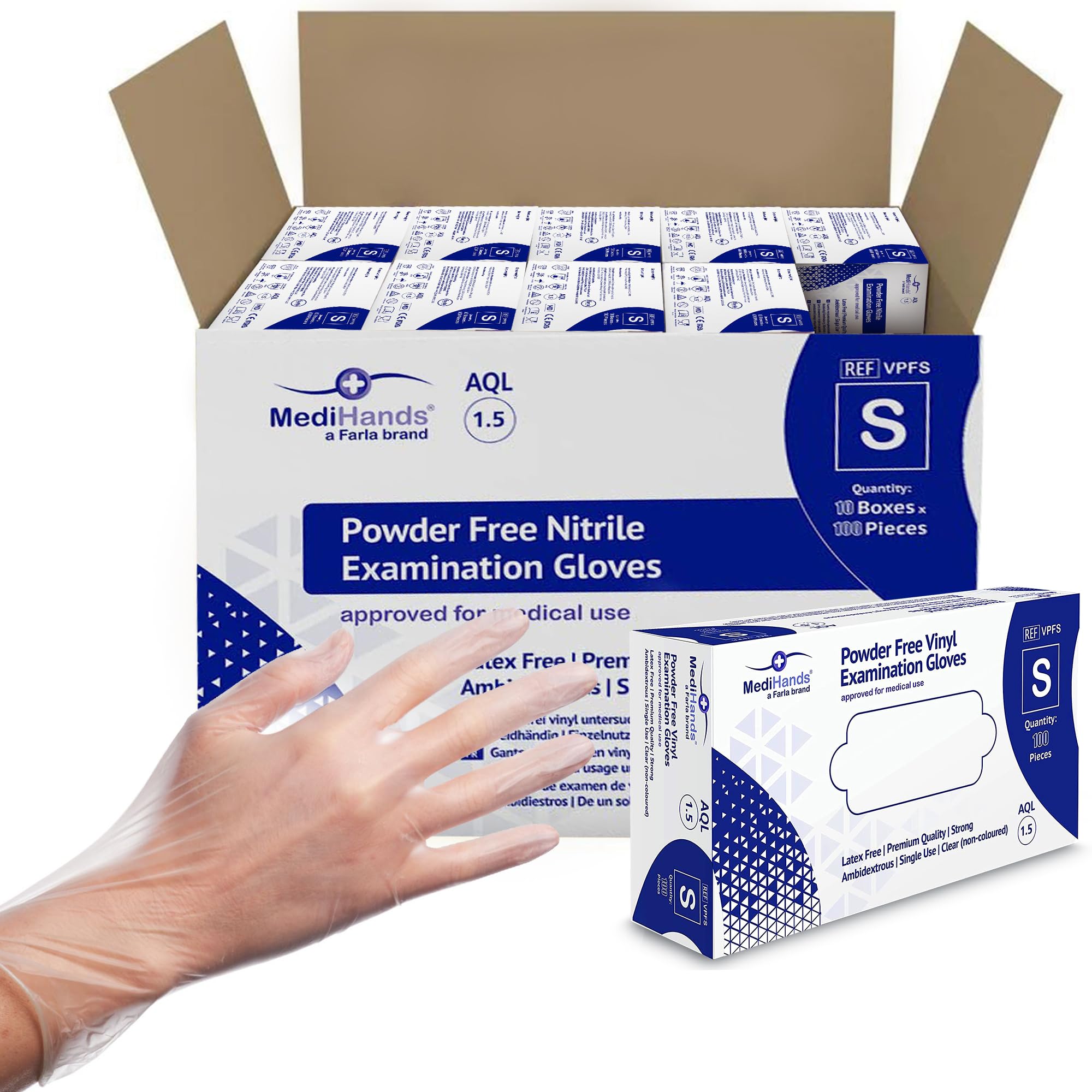 Farla Medical MediHands Vinyl Clear Gloves, Box of 1000 - Disposable Vinyl Gloves Small - Powder Free, Latex Free, & Protein Free Clear Gloves - Multi-Purpose, Single Use โ image 1