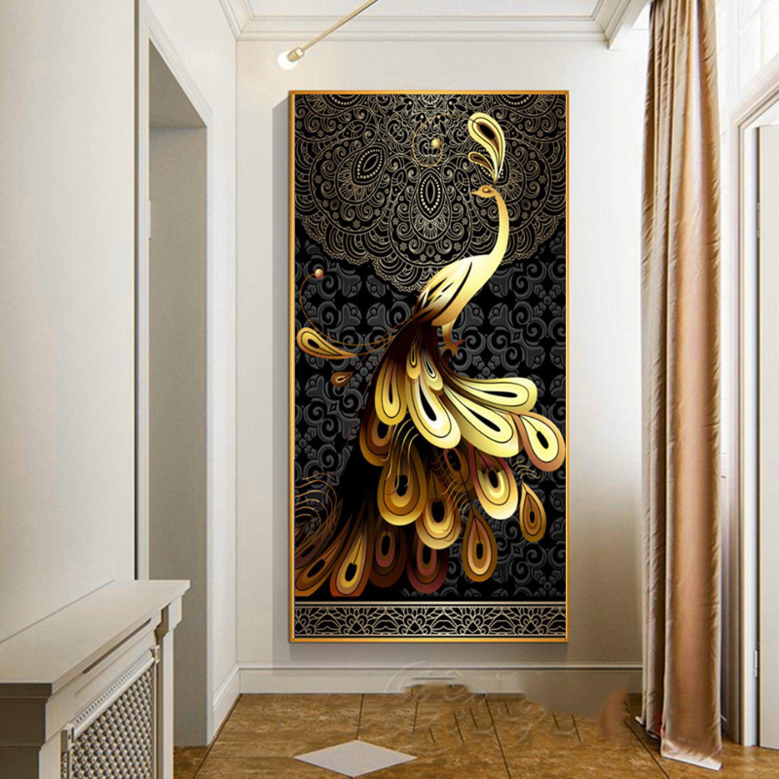 KEBIA Póster mural para la decoración de la habitación Póster sobre lienzo Pintura Oro negro Pavo real Imagen de arte de la pared Impresiones HD escandinavo 90x180cm Sin marco